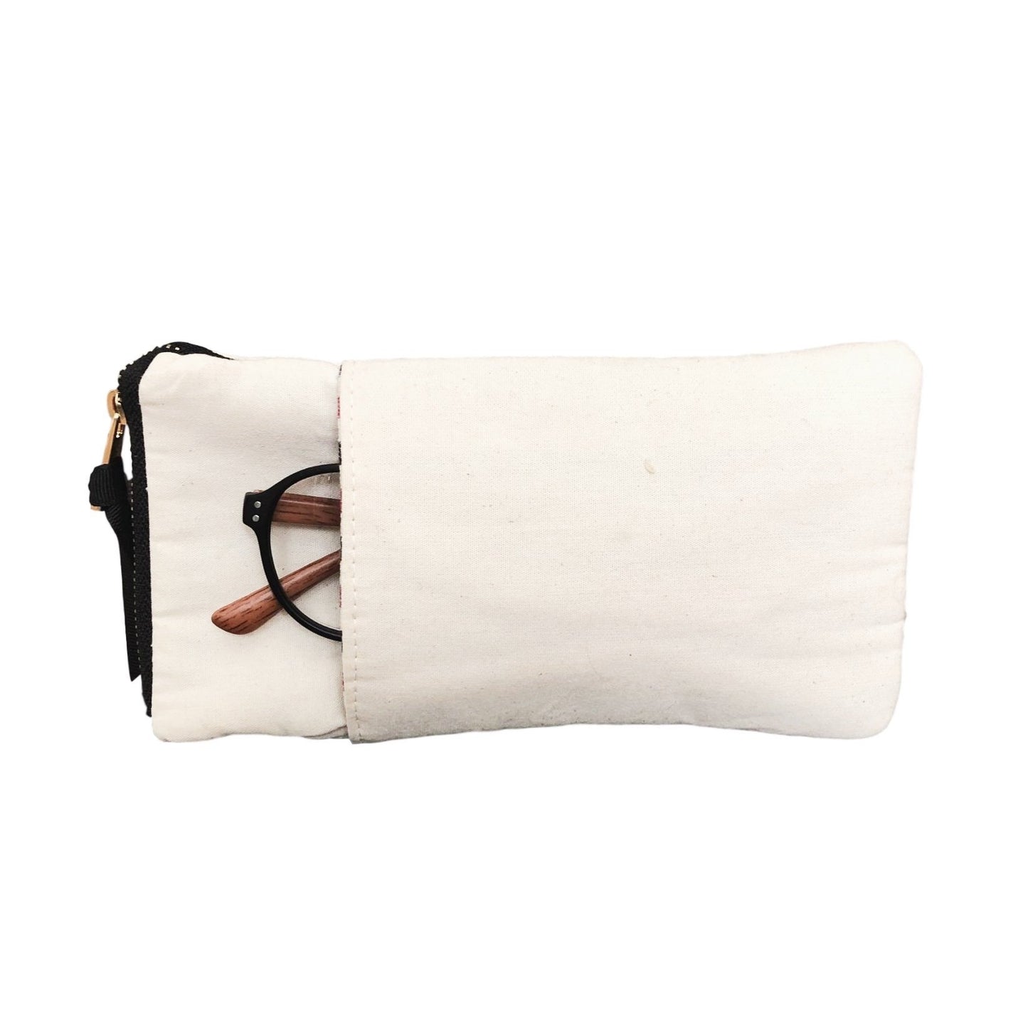 Bag-all Glasses Case with Outside Pocket in Cream - Protective cotton sunglasses pouch with convenient storage pocket and black zipper, displaying brown-framed glasses