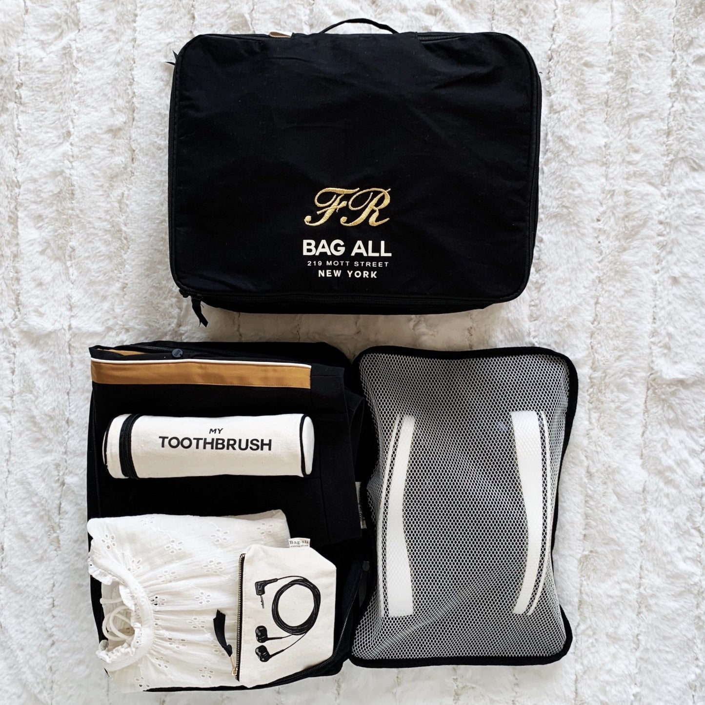 Bag-all Large Double Sided Packing Cube in Black - Spacious organizer with dual compartments and mesh panel, featuring toothbrush pocket and logo embroidery for efficient travel storage