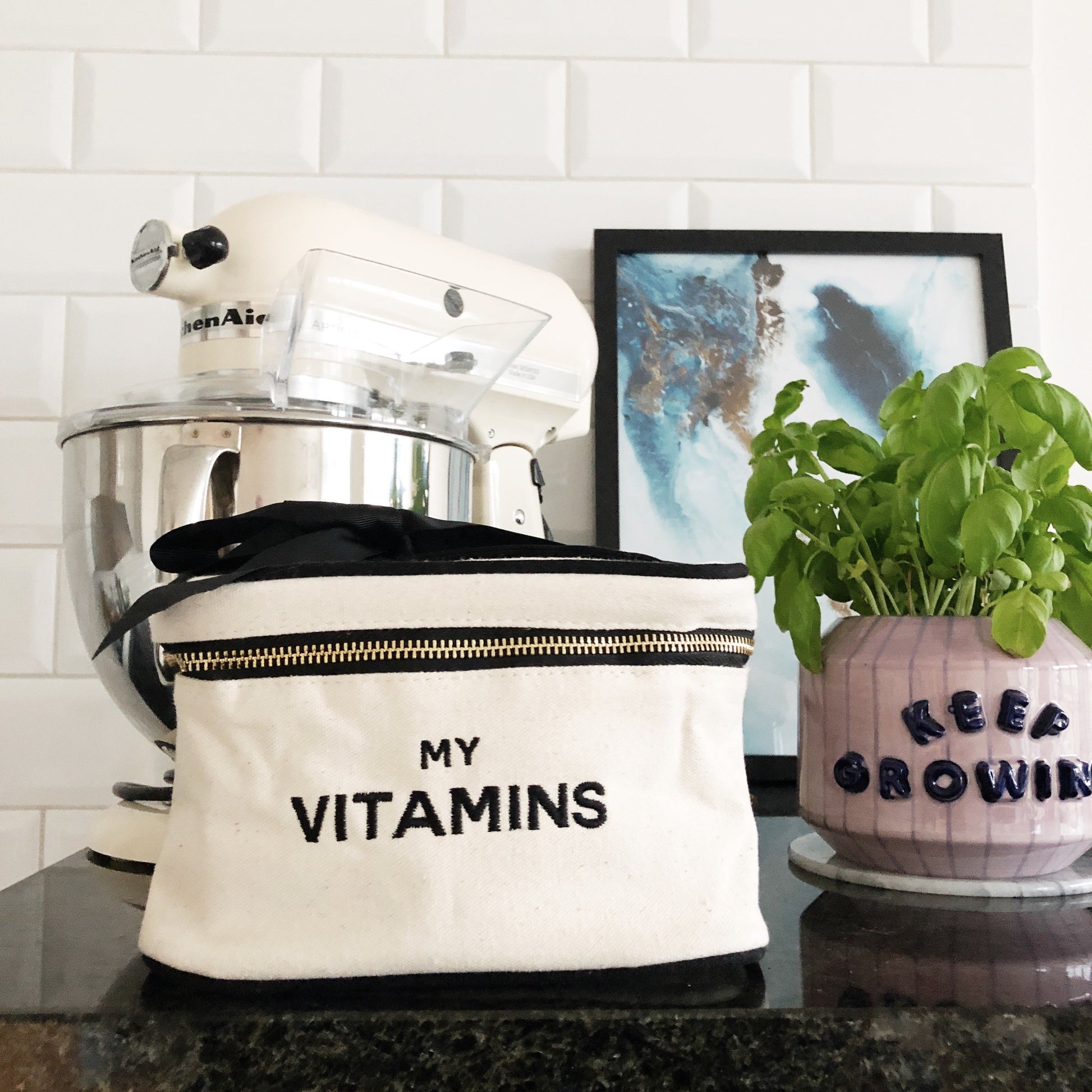 Bag-all Vitamins Storage and Travel Box in cream canvas with black embroidered text, featuring waterproof lining and zipper closure, displayed on counter with stand mixer and plant