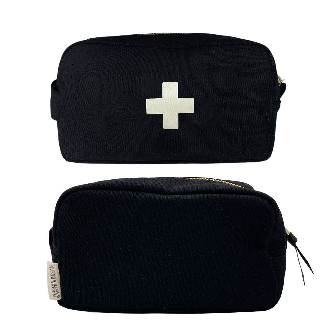 Bag-all First Aid Organizing Pouch in black cotton with white cross emblem, featuring laminated interior and durable zipper closure, perfect for medical essentials storage