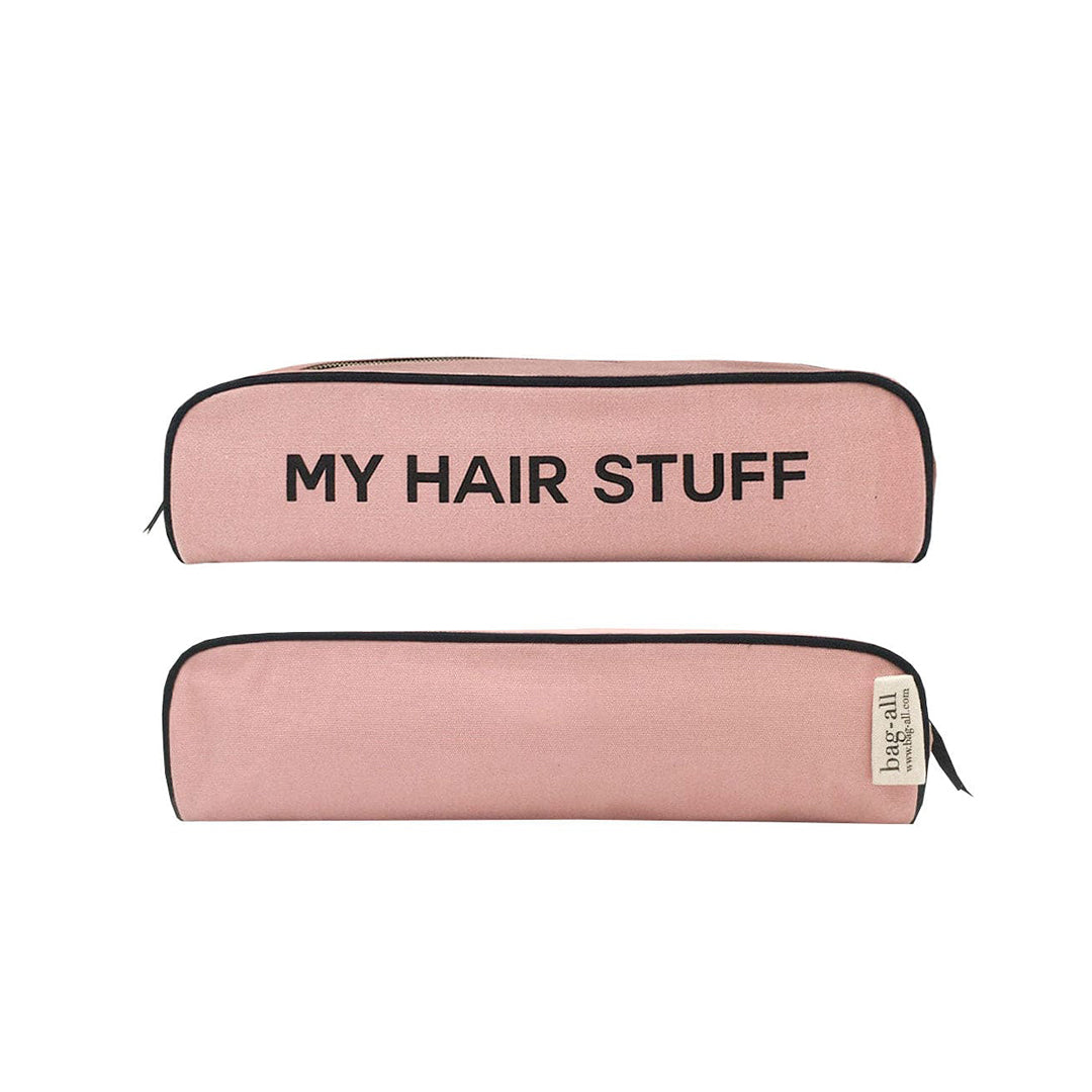 Bag-all Hair Stuff Travel Case in blush pink with black trim, thermal lined organizer for styling tools and accessories, featuring gold zipper and text "MY HAIR STUFF