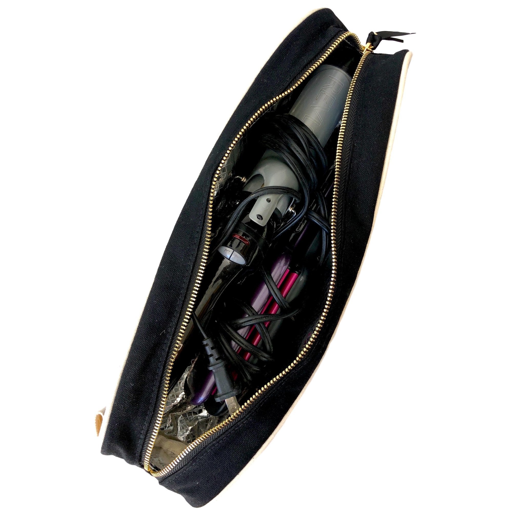 Bag-all Deal Gift Set black cotton travel case with hair tools inside, featuring gold zipper detail and protective lining - part of 4-pack Travel & Home collection