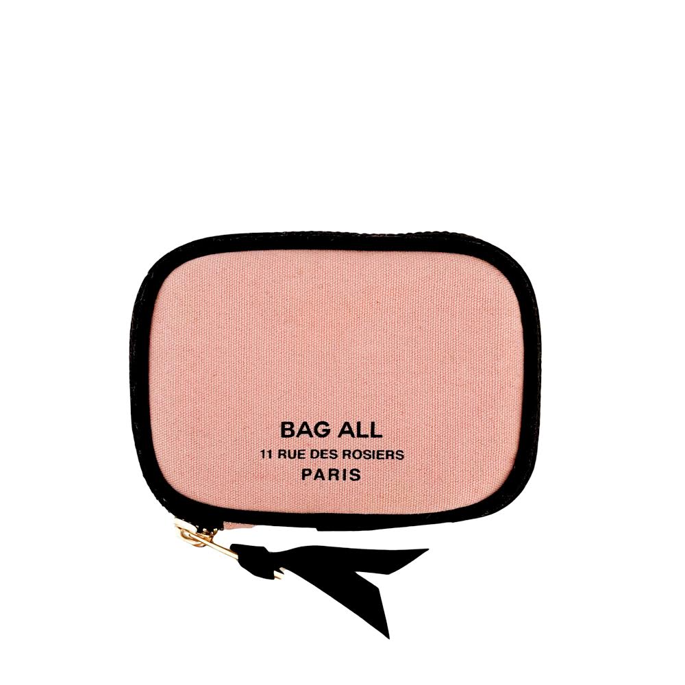 Bag-all Small Wallet Pink/Blush with Black Piping - Compact cotton canvas wallet featuring gold zipper, black trim and Paris address detail - Stylish essential cardholder