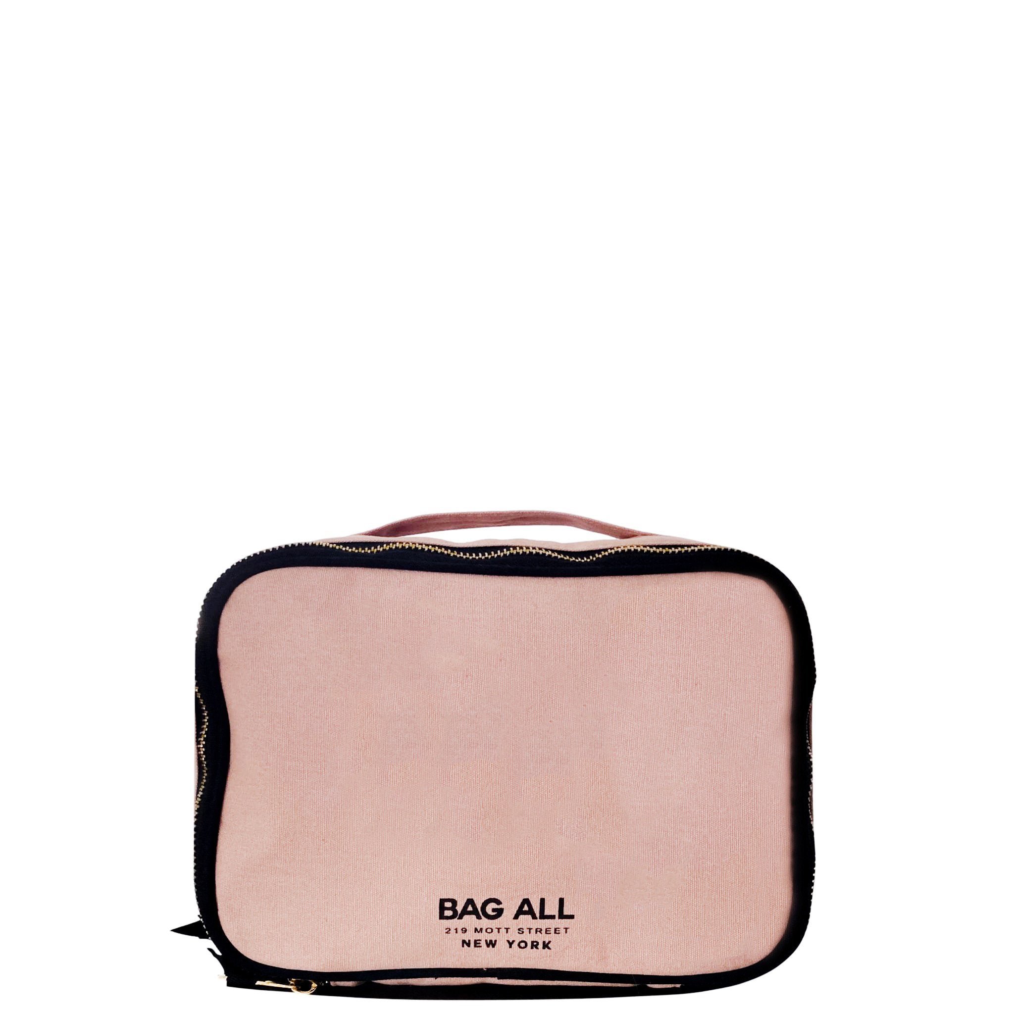 Pink blush double-sided makeup case with zipper and handle by Bag-all for stylish organization and travel convenience