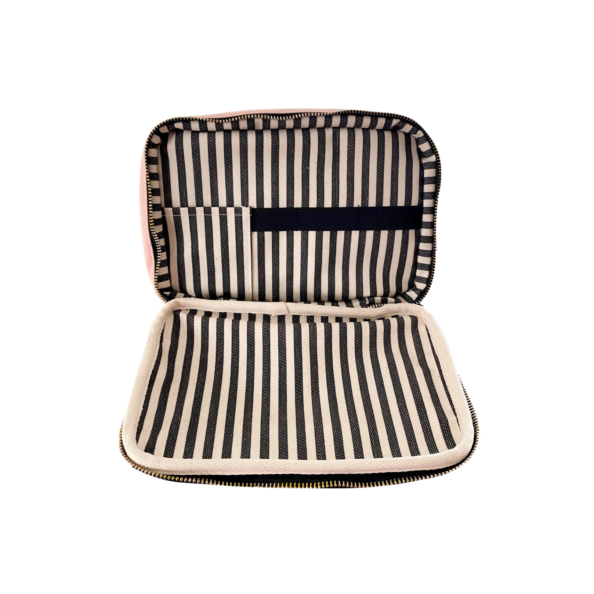 Open double-sided makeup case in pink blush with striped interior by Bag-all for stylish organization