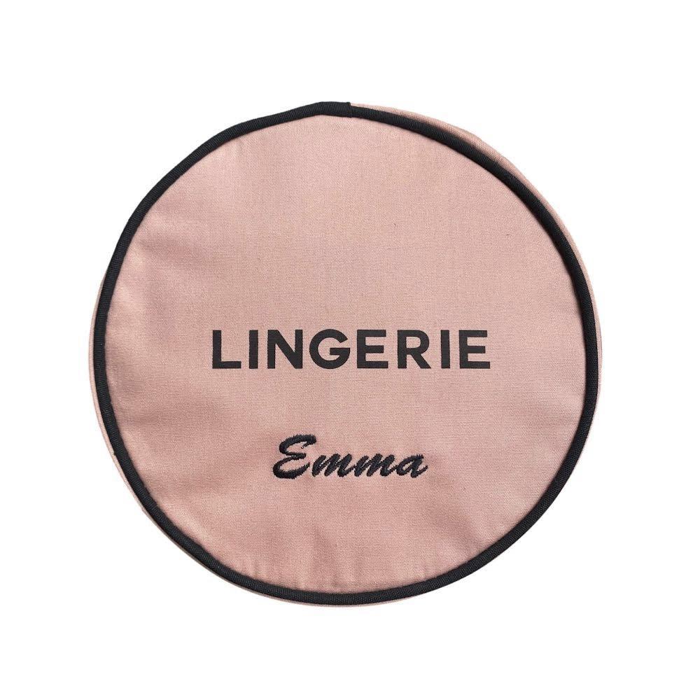 Bag-all Deal Gift Set Pink/Blush with personalized Round Lingerie Case featuring black trim and custom monogram 'Emma' on cotton fabric with striped interior