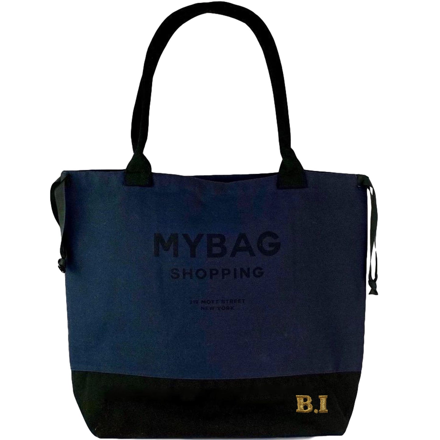 Bag-all World Traveler Tote Bag in navy featuring black MY BAG print, padded handles, and interior zipper pocket - stylish reusable shopping and beach tote
