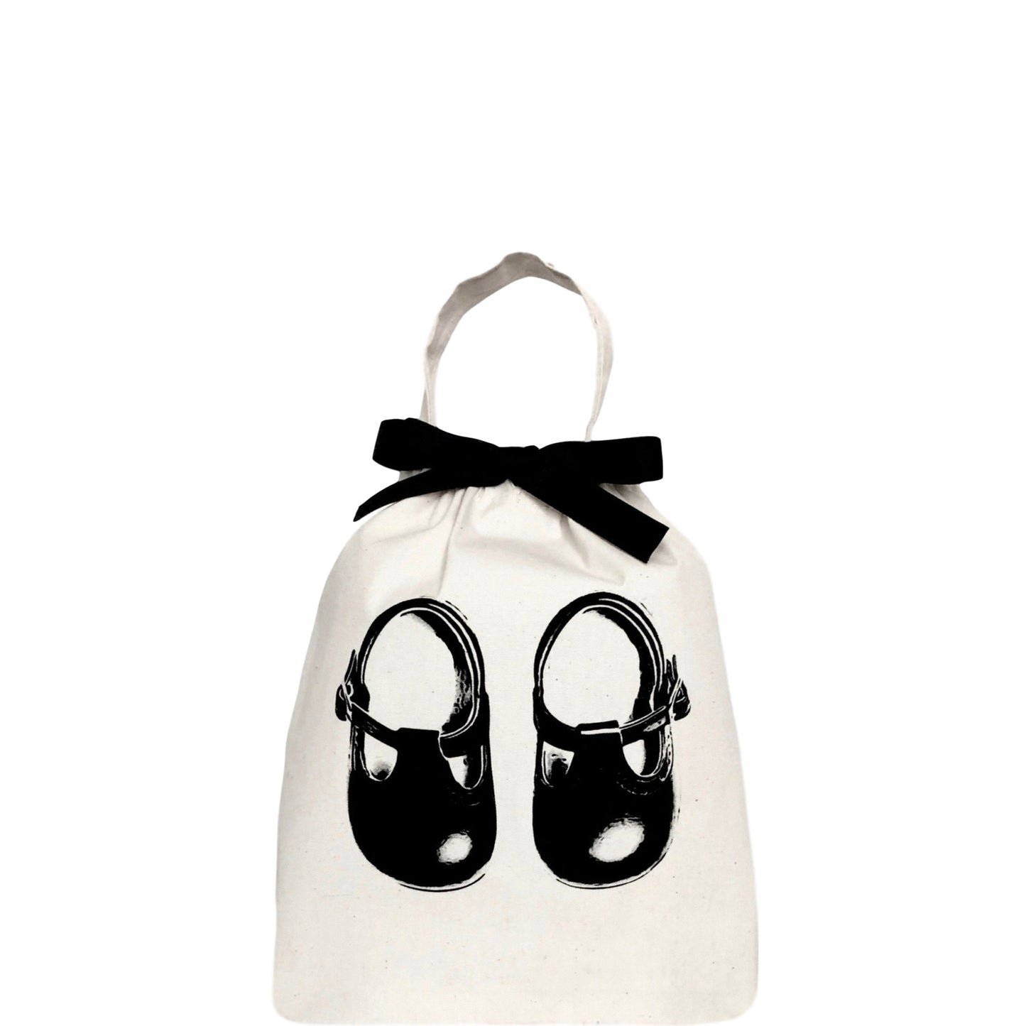 Bag-all white cotton organizing bag with black baby shoes print and black bow, perfect for storing children's footwear and accessories