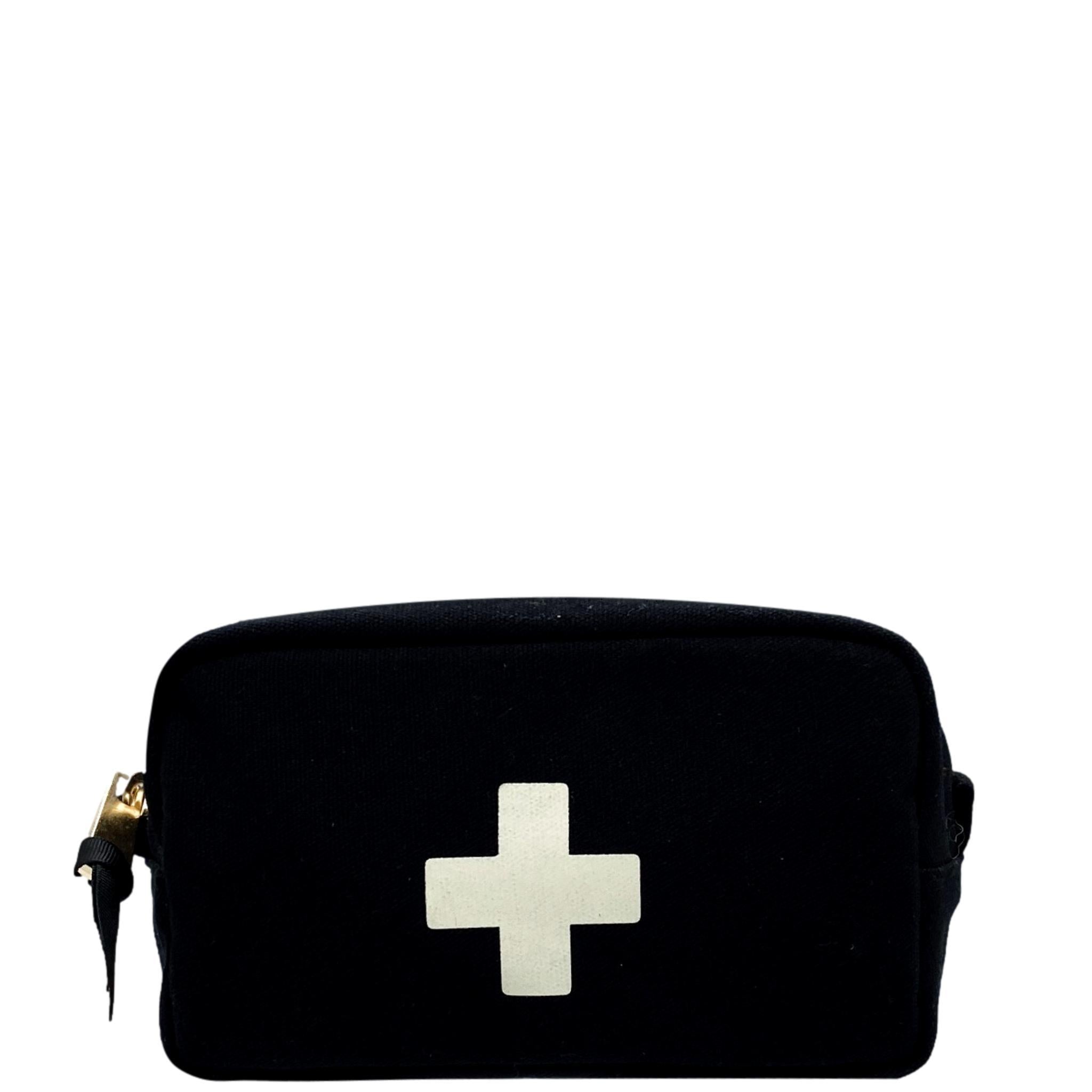 Bag-all First Aid Organizing Pouch in black cotton with white cross symbol, padded striped interior lining and gold zipper detail, perfect for medical essentials