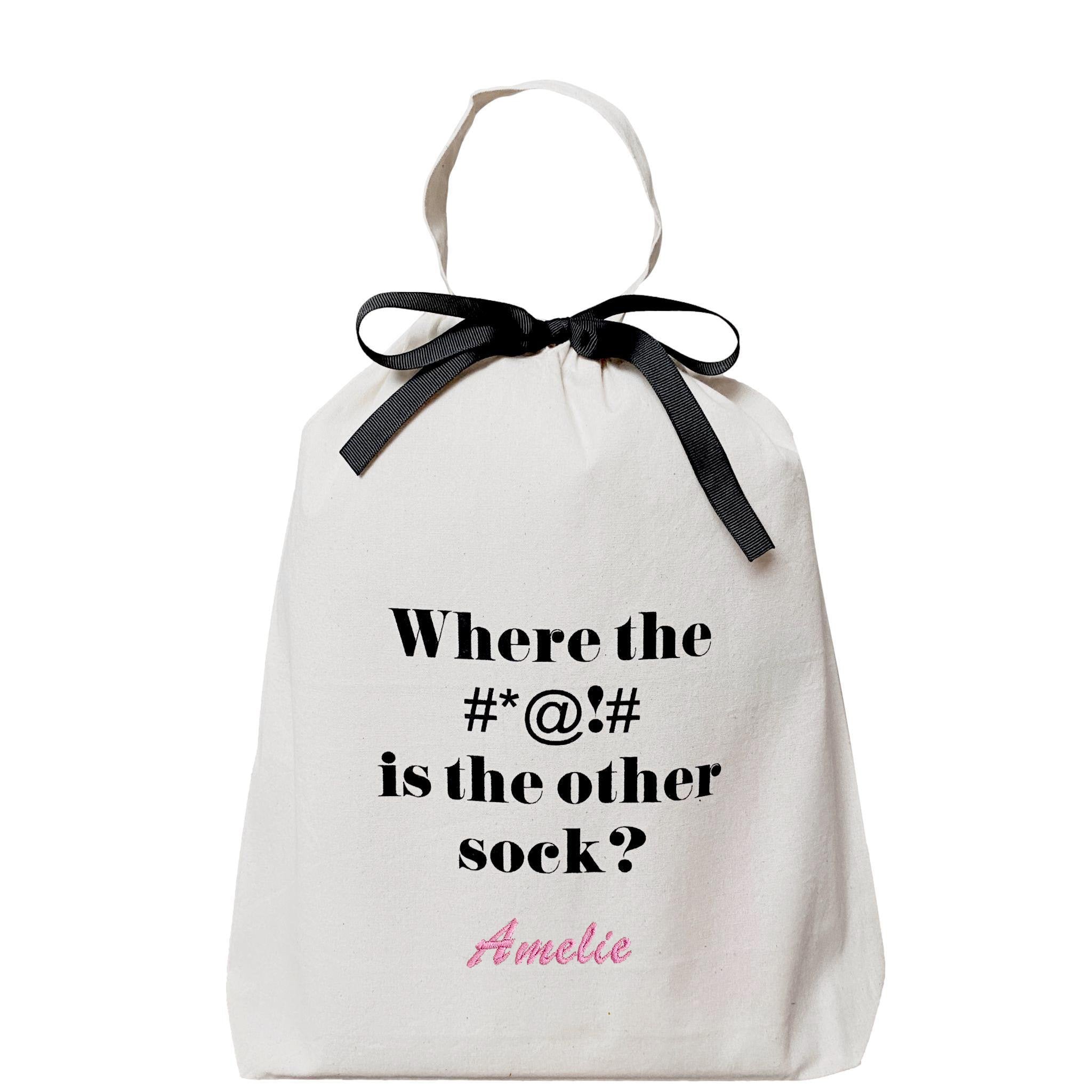 Bag-all cream cotton sock organizer with black bow and 'Where the #*@!# is the other sock?' text, personalized with pink name, perfect for sock storage