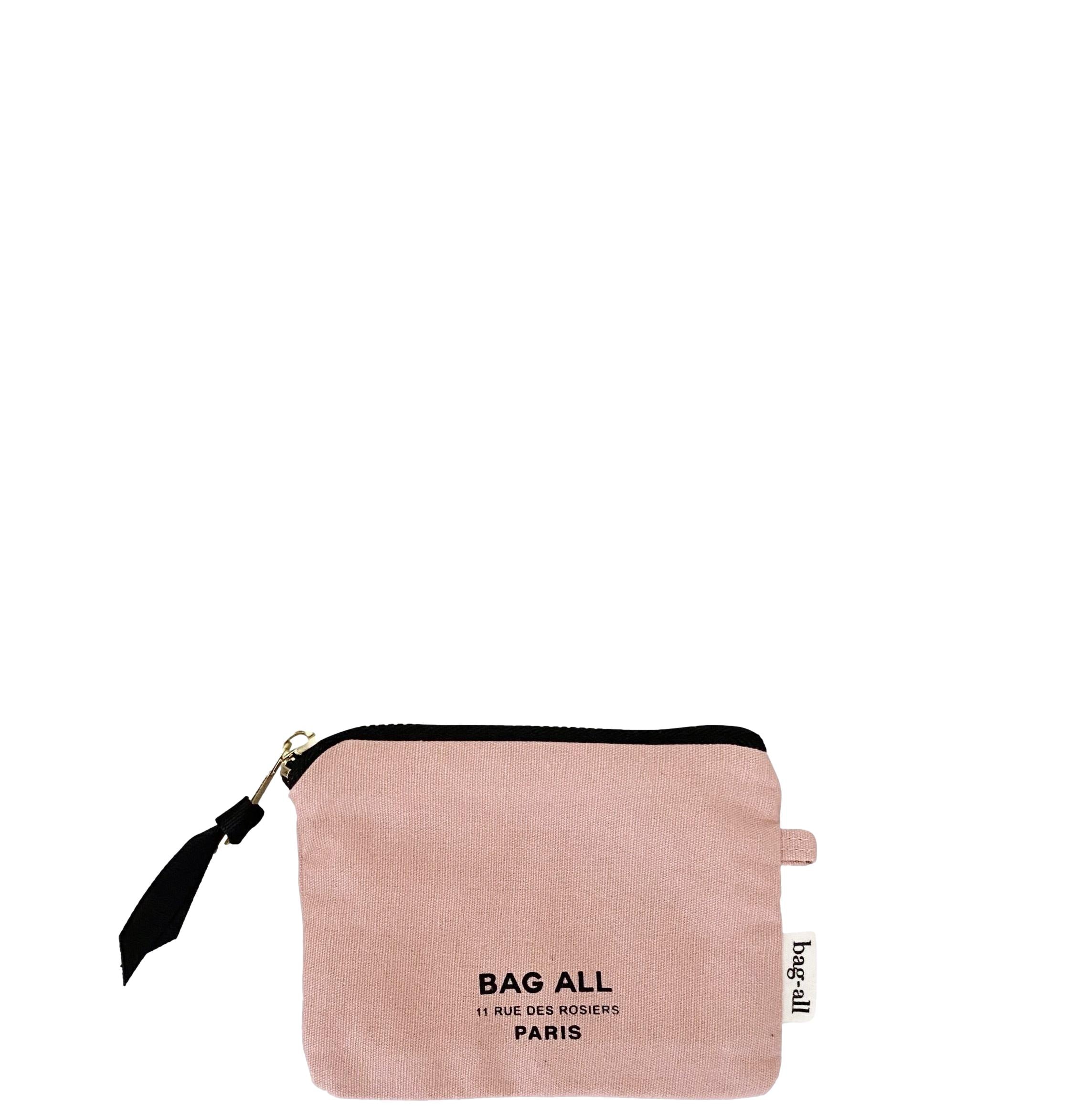 Bag-all Mini Trinket Pouch in pink blush canvas with black zipper detail, featuring compact design for storing small essentials and accessories