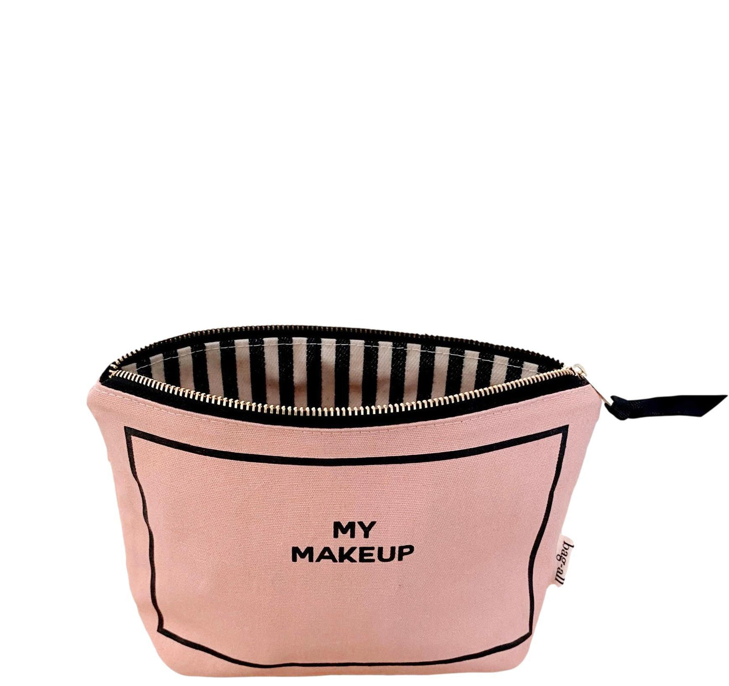 Bag-all My Makeup Case in Pink Blush with striped interior, part of Deal Gift Set for Her 3-pack, cotton makeup organizer with black text print
