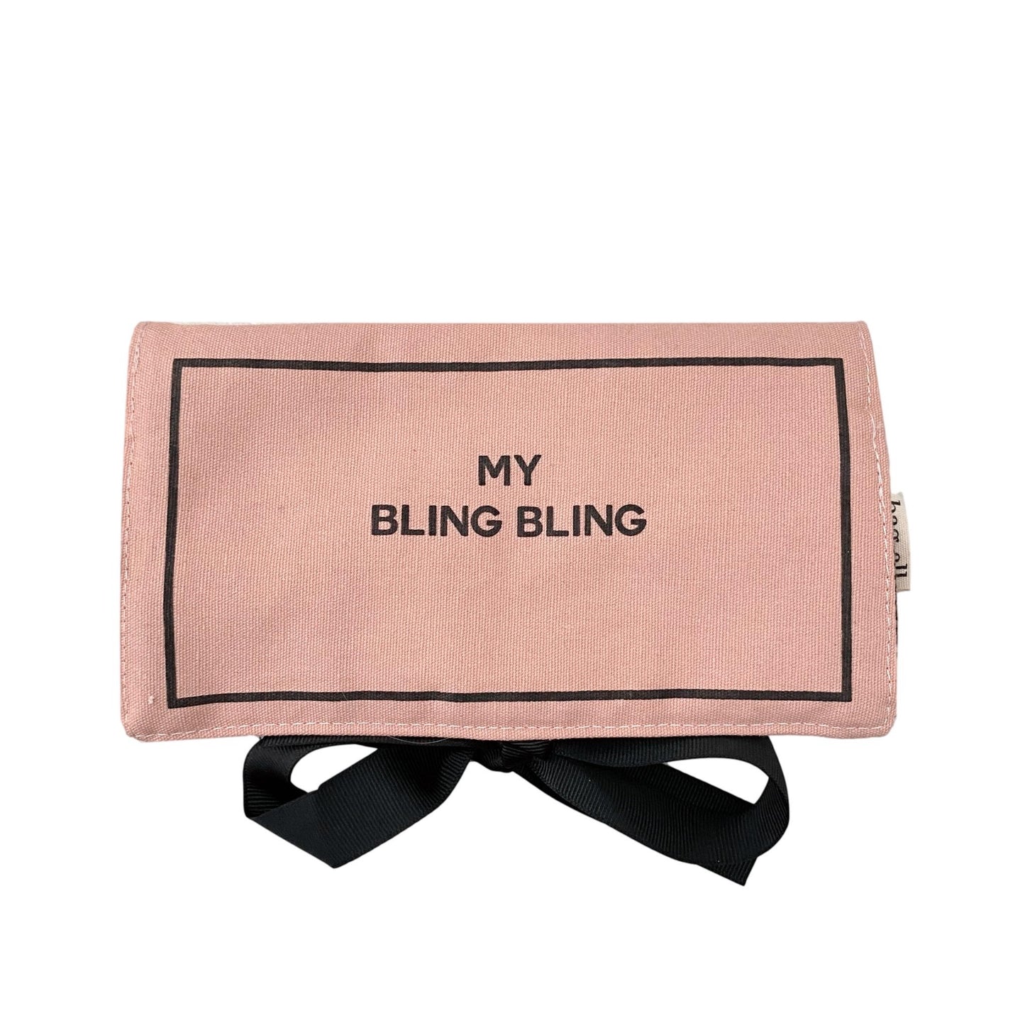 Bag-all Jewelry Organizer Travel Pouch in blush pink with 'My Bling Bling' text, black border, and decorative bow, featuring multiple compartments for jewelry storage and organization