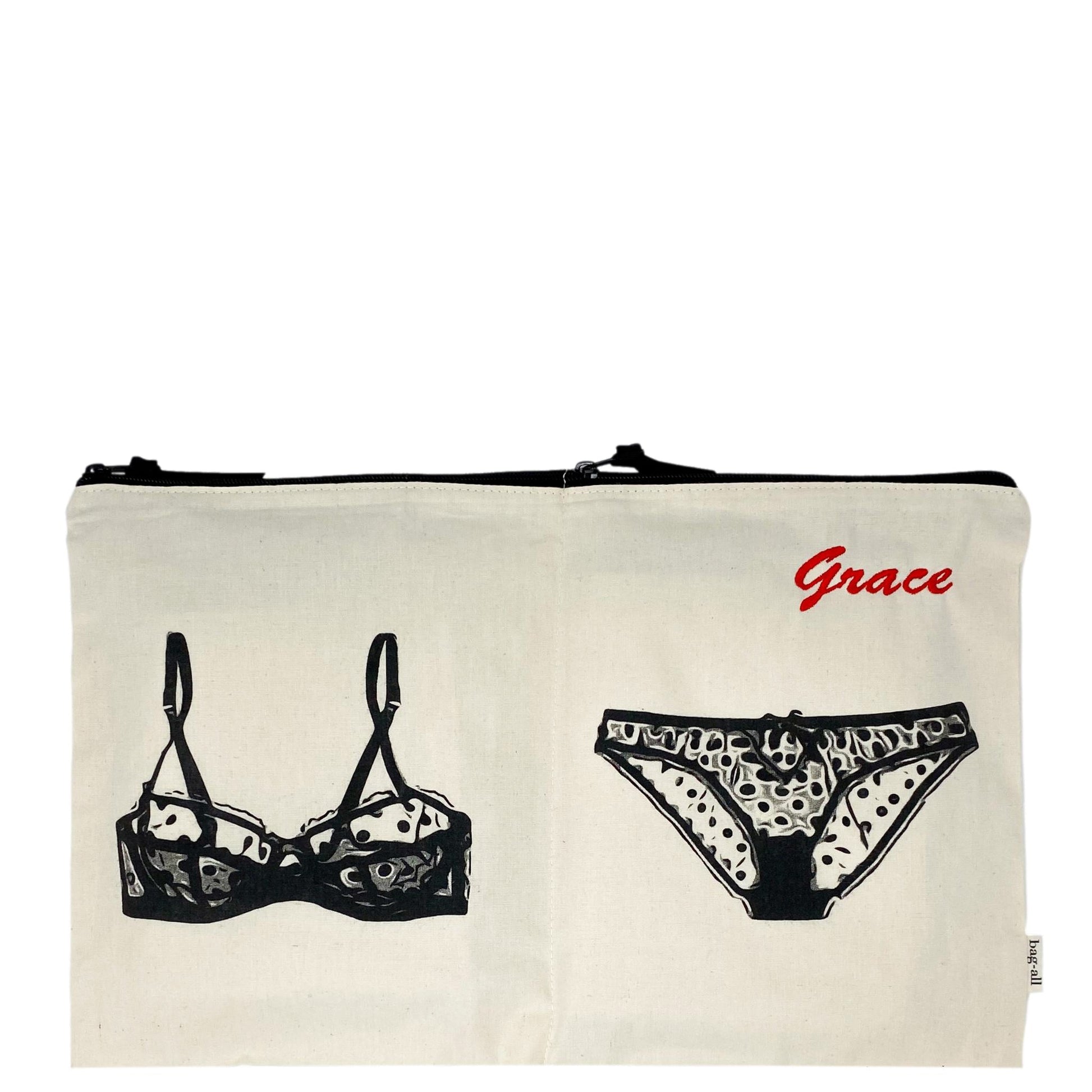 Bag-all Double Lingerie Packing Pouch in cream cotton with black illustrated bra and panty design, featuring personalized 'Grace' embroidery and dual zippered compartments