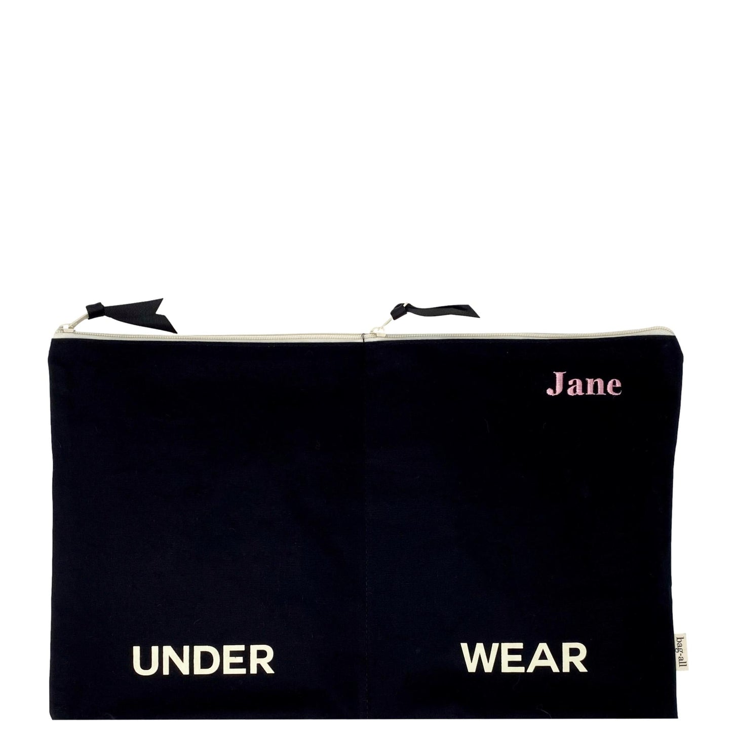 Bag-all Double Lingerie Packing Pouch in Black Cotton with UNDER WEAR Text Print and Dual Zipper Closure, Personalized Travel Organizer