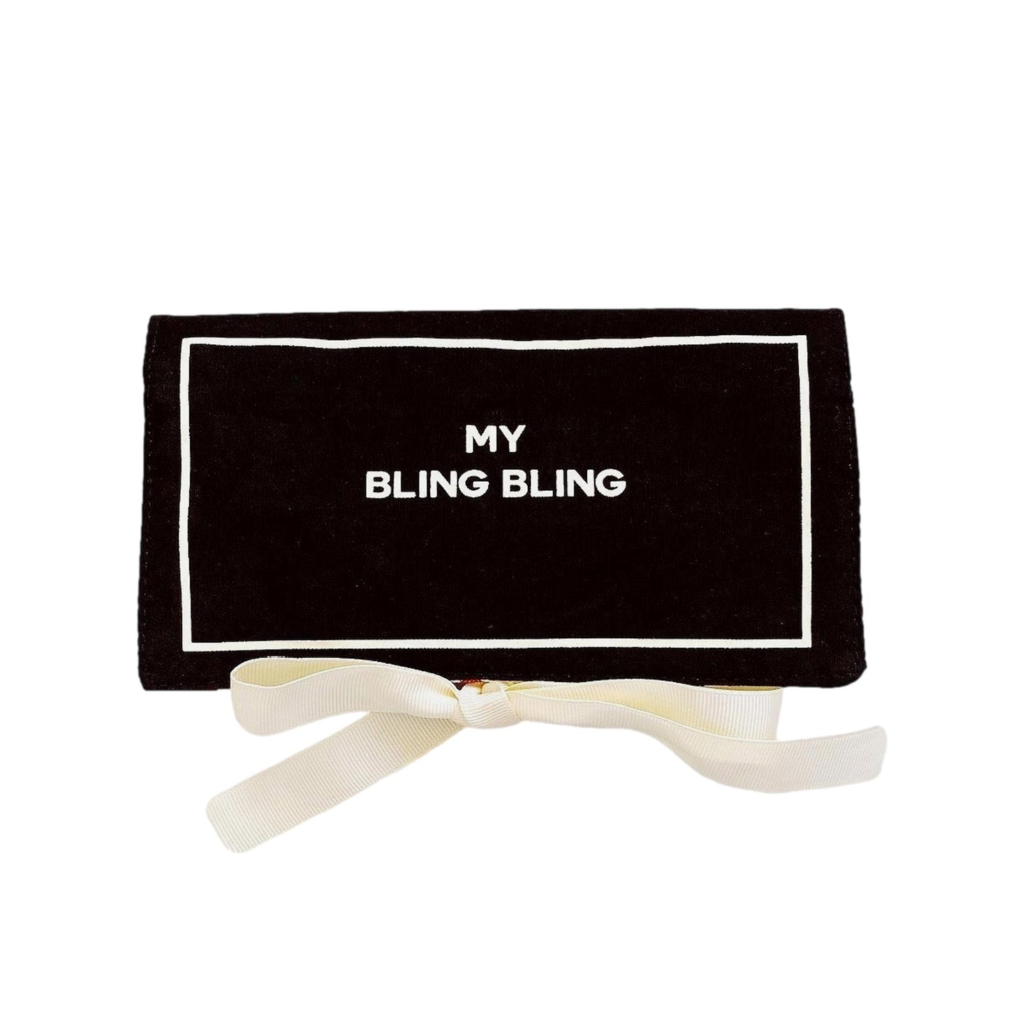 Bag-all Black Jewelry Organizer Travel Pouch with "My Bling Bling" text and white bow detail, featuring three compartments and leather earring holder