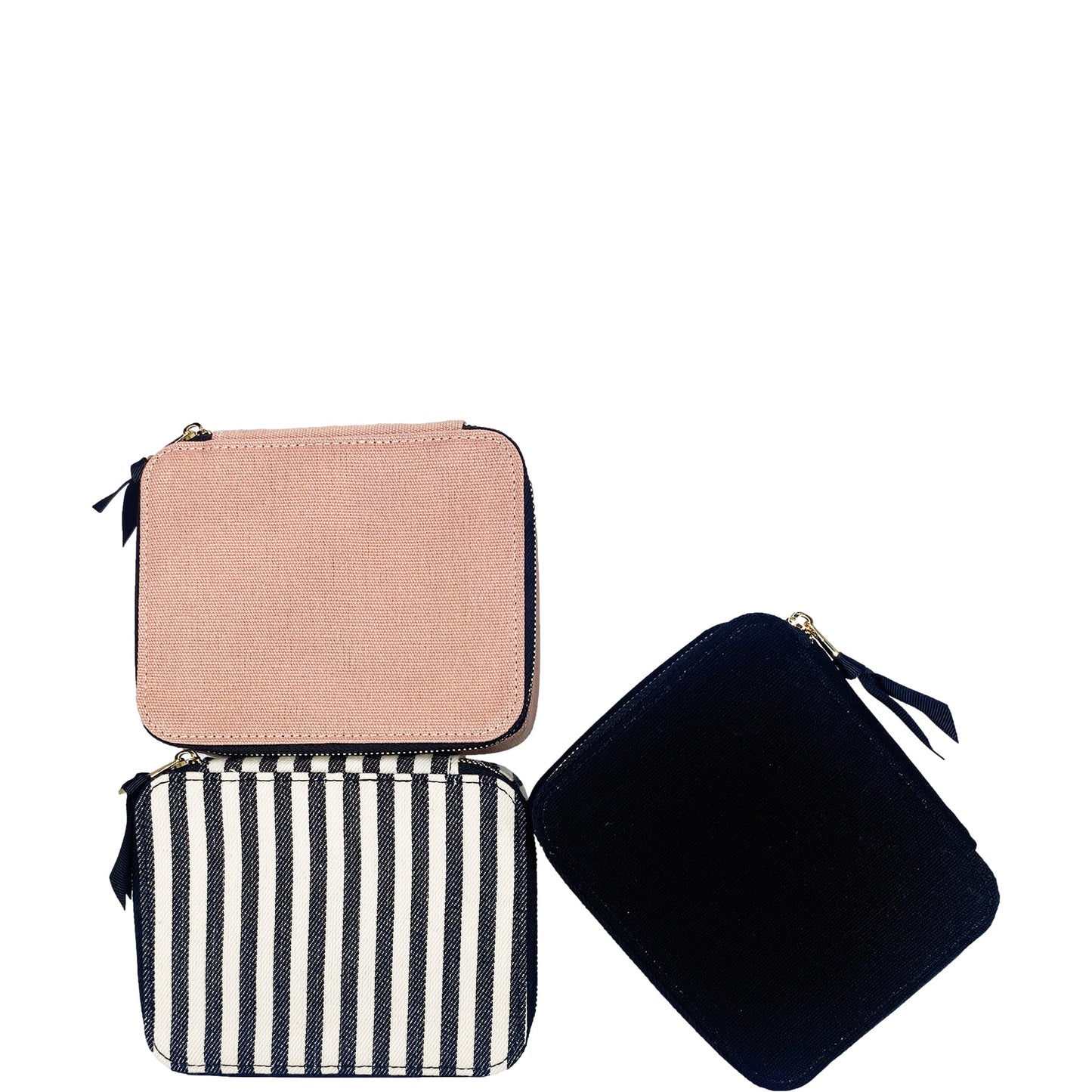 Bag-all Cosmetics/Trinket Box in black, pink, and striped designs with gold zippers - stylish storage cases for organizing makeup and accessories