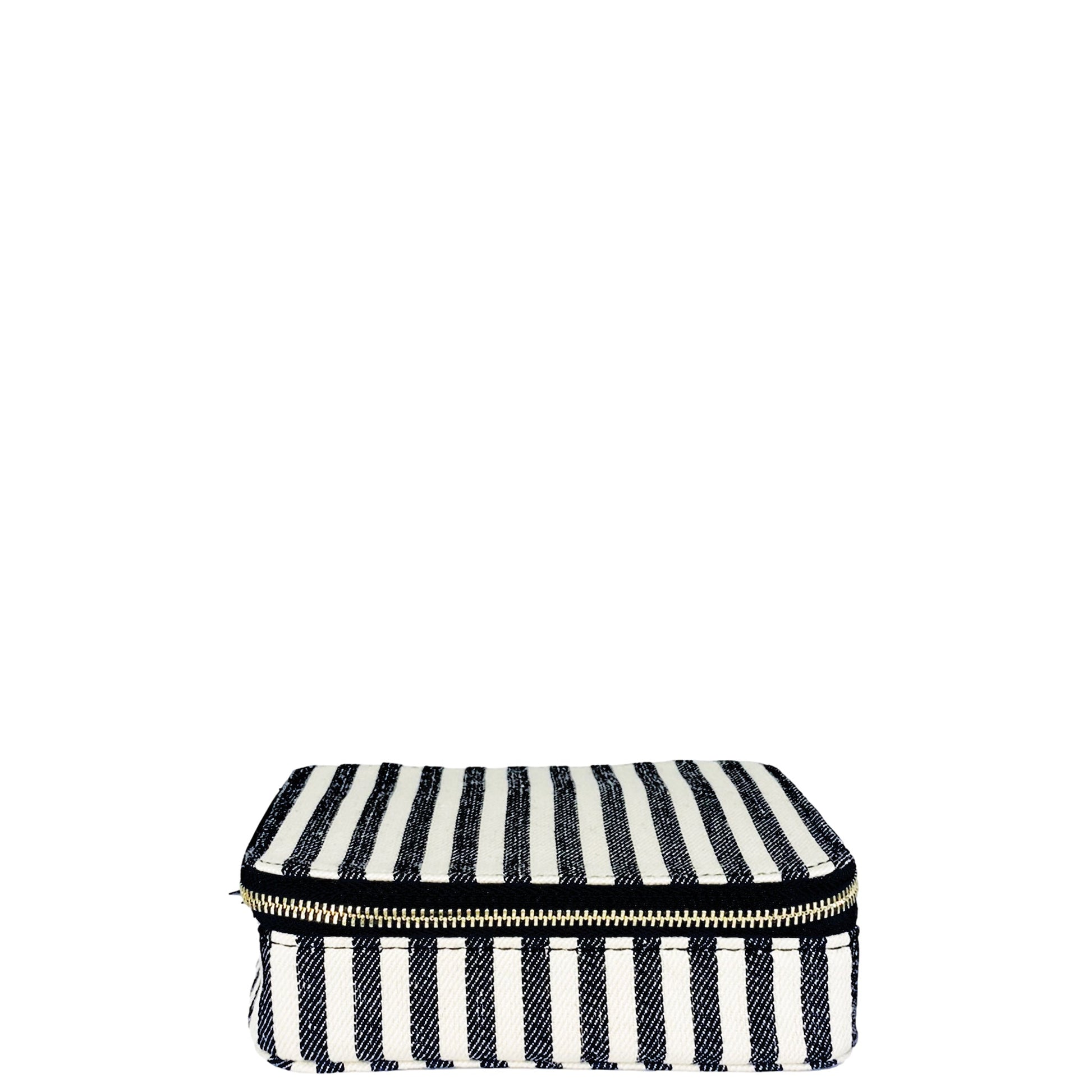 Bag-all Striped Cosmetics/Trinket Box with gold zipper featuring black and white stripes, coated lining for organization and storage of beauty essentials and accessories