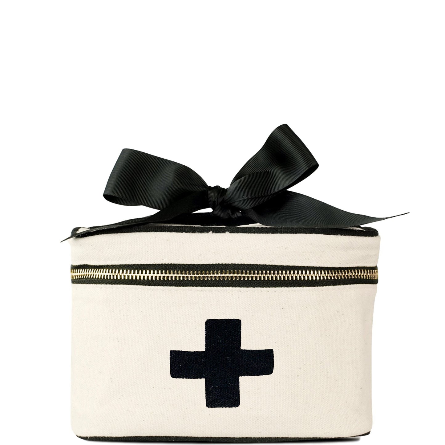 Bag-all Meds and First Aid Storage Box in cream cotton with black cross design, black bow accent and zipper closure - stylish medical storage solution