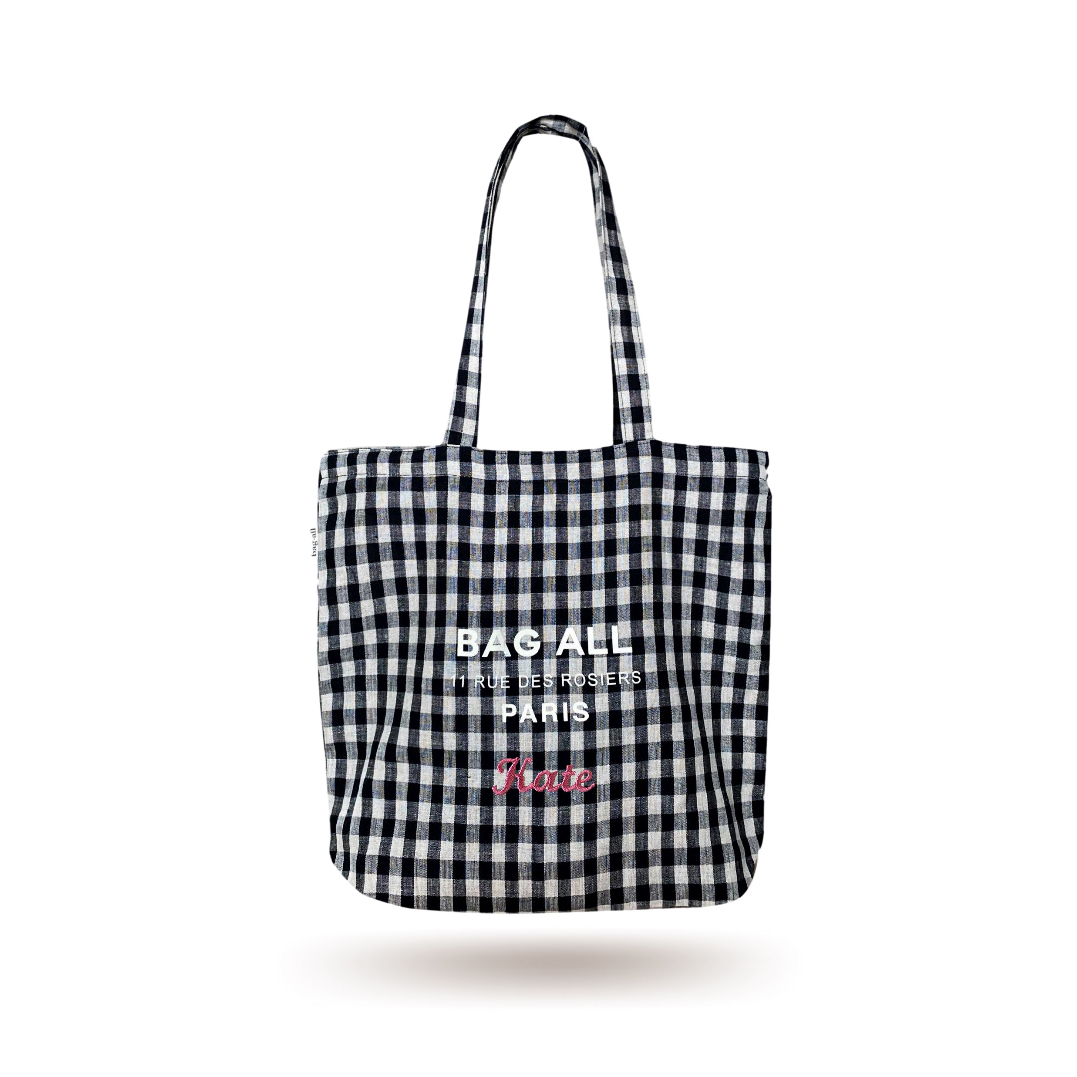 Bag-all Paris Le Marais Gingham Tote - Black and white checkered linen shoulder bag with zipper, inner pocket and long straps, featuring classic Bag-all logo print