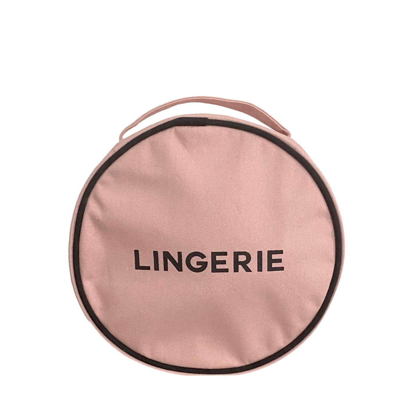 Bag-all Round Lingerie Case in blush pink cotton with black text and trim, featuring metal zipper closure for stylish travel organization and storage