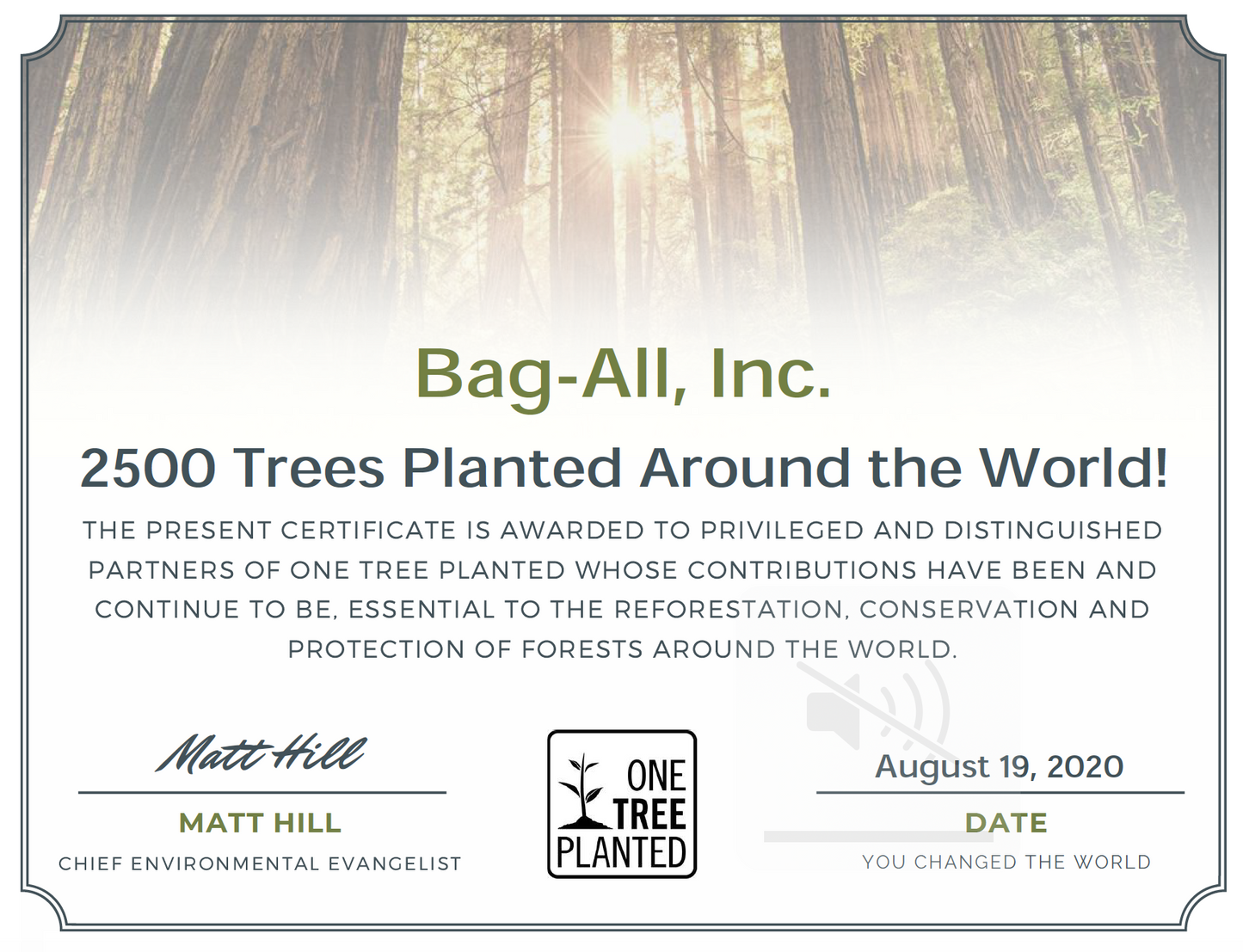 Bag-all Plant a Tree certificate from One Tree Planted showing 2500 trees planted worldwide, featuring a sustainability partnership for forest conservation and reforestation efforts