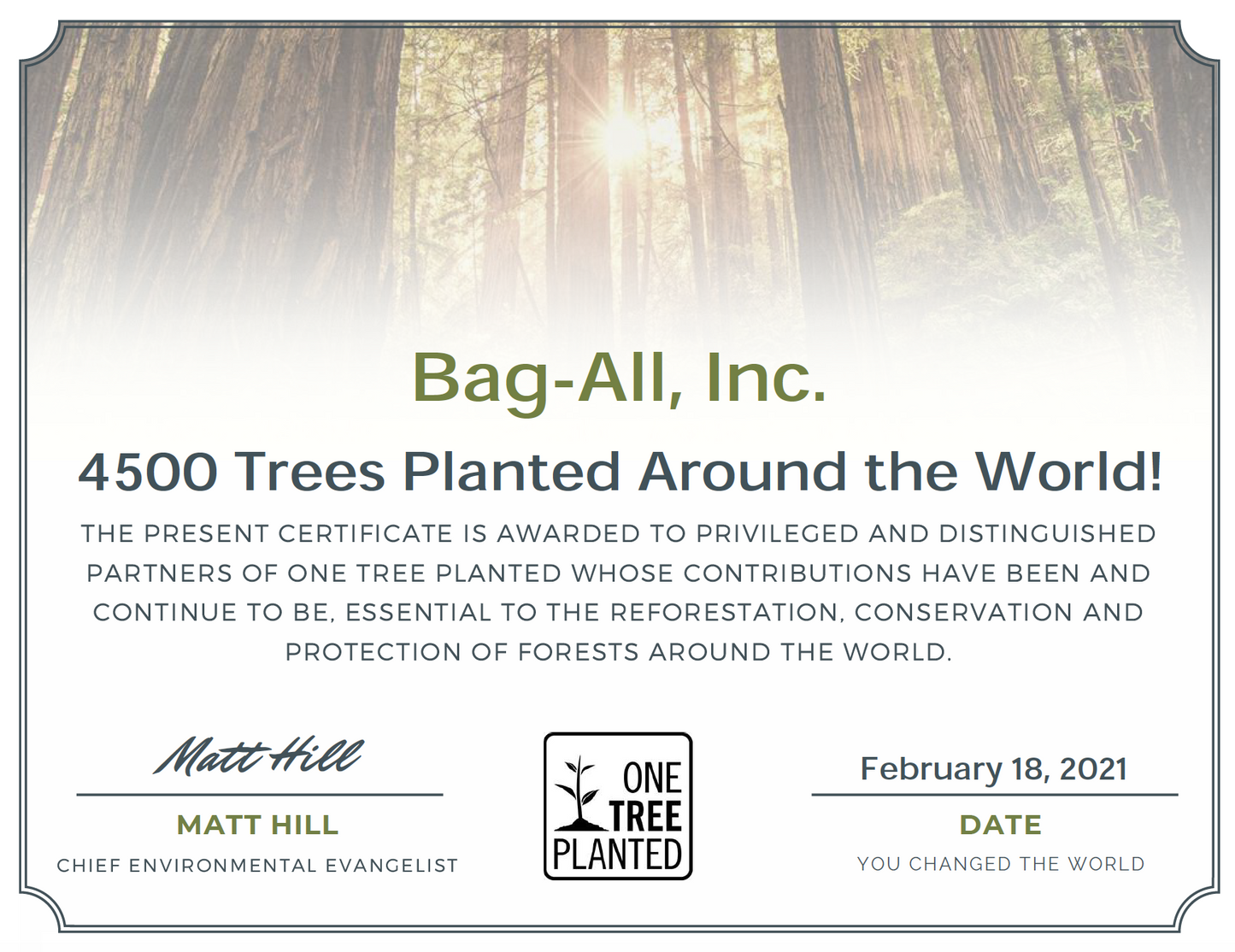 Plant a Tree certificate from Bag-all and One Tree Planted showing 4500 trees planted globally, featuring environmental achievement and conservation commitment for reforestation efforts