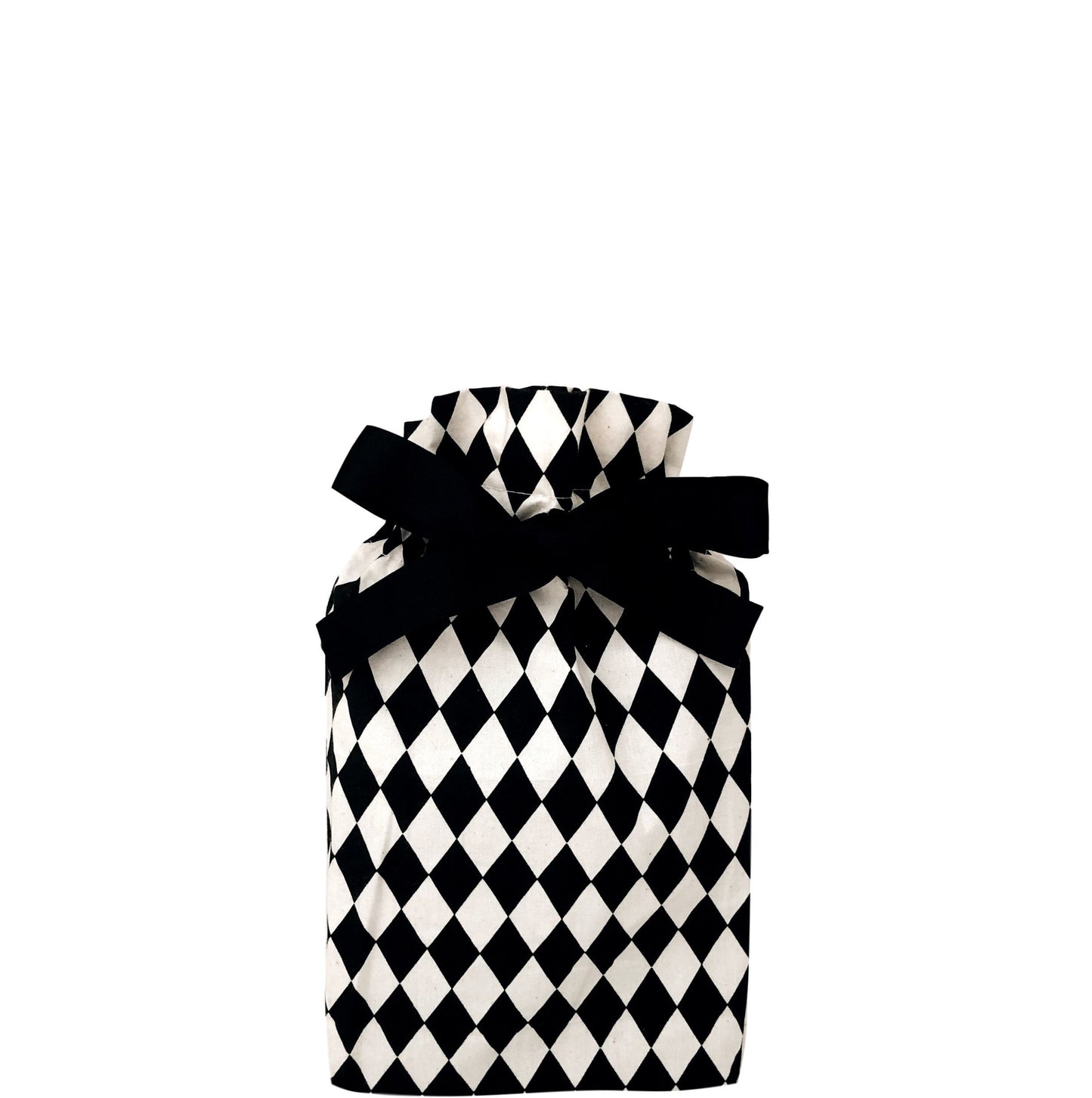 Bag-all Gift Bag Diamond Small - Reusable black and white diamond pattern fabric gift bag with elegant bow tie closure for sustainable gift wrapping
