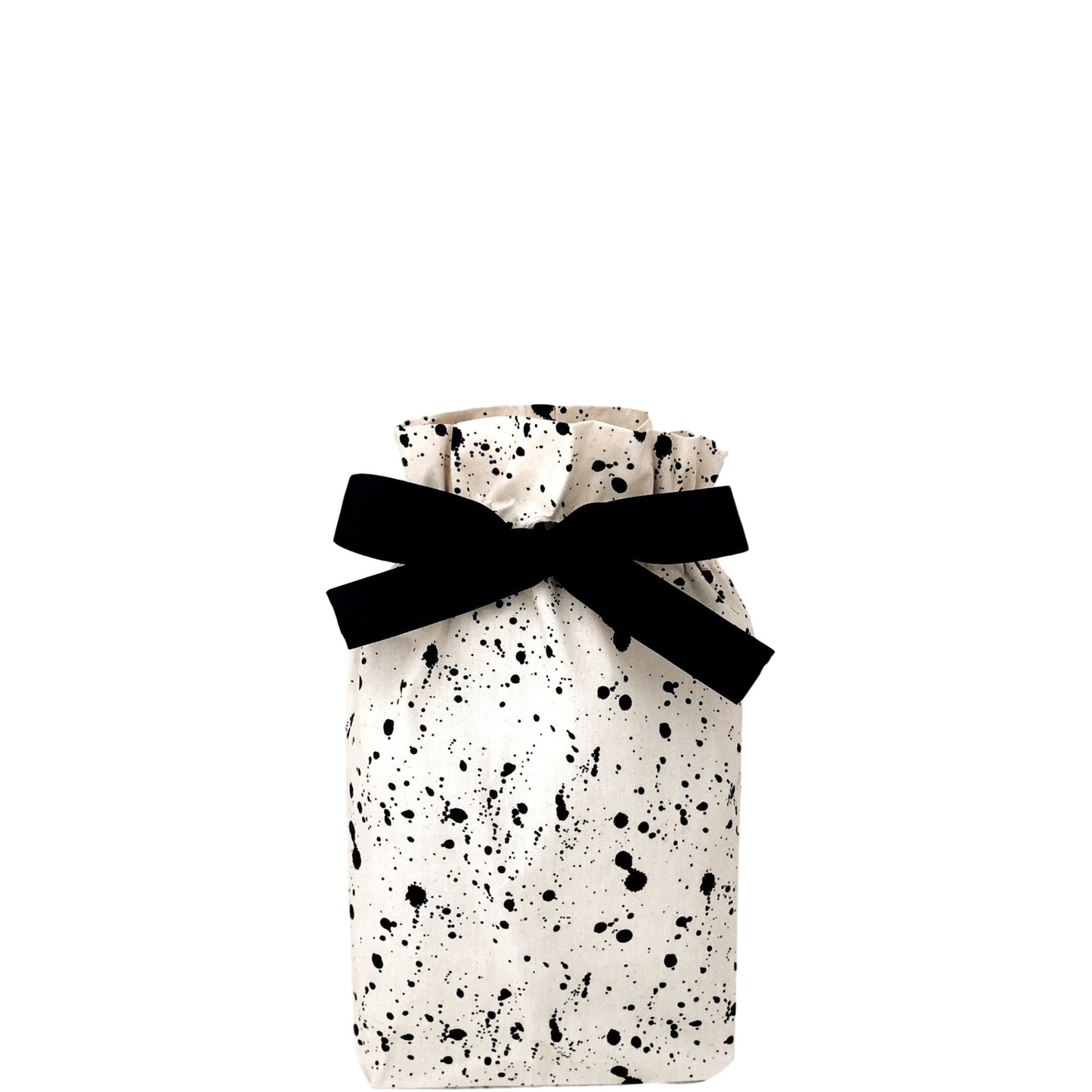 Bag-all Gift Bag Splatter Small - reusable white cotton gift bag with black paint splatter pattern and elegant black bow, eco-friendly drawstring design