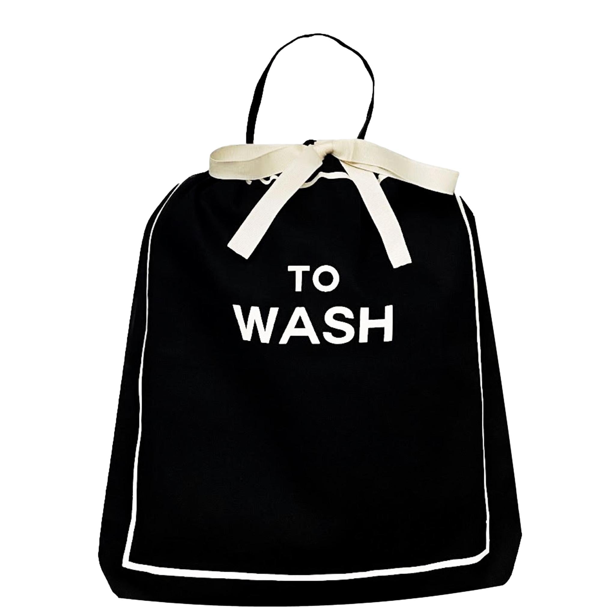 Bag-all To Wash Laundry Bag in black cotton with white drawstring and text, featuring elegant design for organized travel and home laundry storage