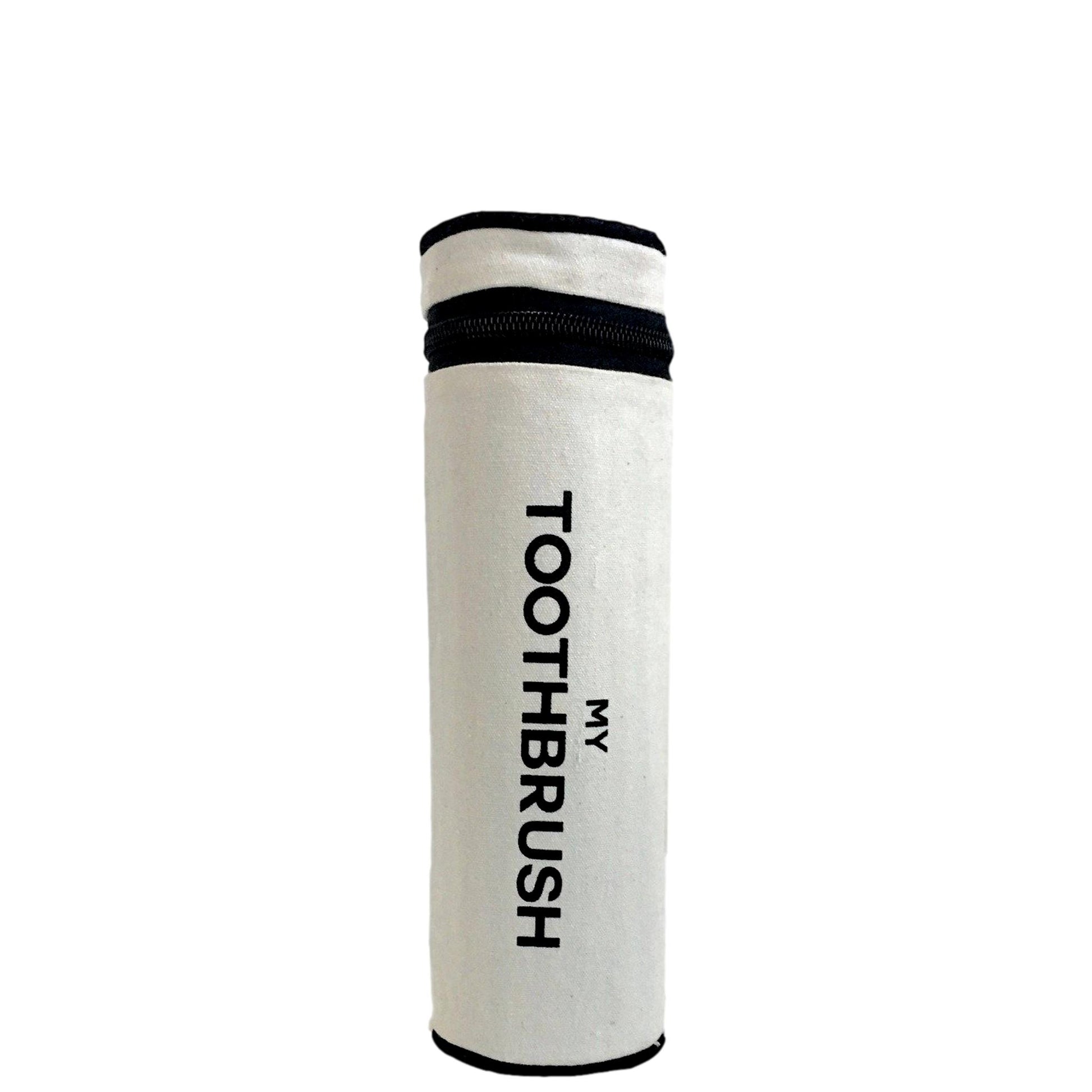 Bag-all Cream Toothbrush Travel Case - Cylindrical organizer with black zipper trim, holds multiple toothbrushes and toothpaste, features 'MY TOOTHBRUSH' text print
