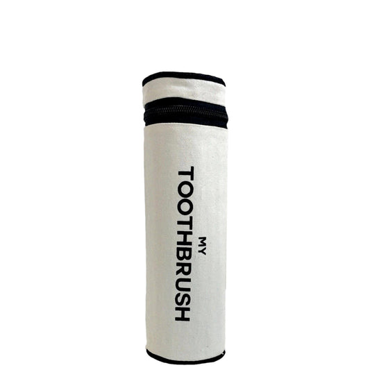 Bag-all Cream Toothbrush Travel Case - Cylindrical organizer with black zipper trim, holds multiple toothbrushes and toothpaste, features 'MY TOOTHBRUSH' text print