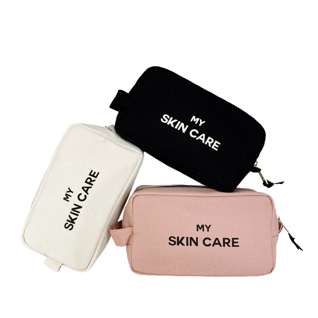 Bag-all My Skin Care Organizing Pouch in black, white, and pink cotton with waterproof lining and gold zipper - stylish storage for skincare essentials
