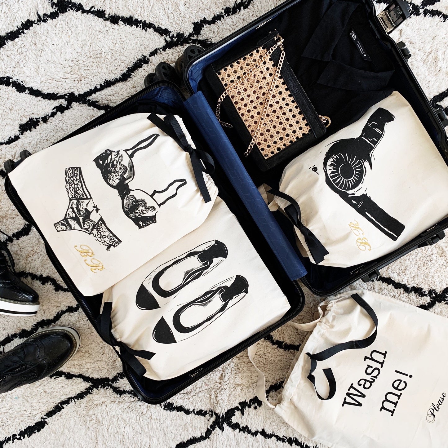 Bag-all Women's Travel Set 4-pack in Cream: Stylish cotton organizer bags featuring lingerie, hairdryer, laundry, and ballet flat designs, perfect for organized travel and wardrobe storage