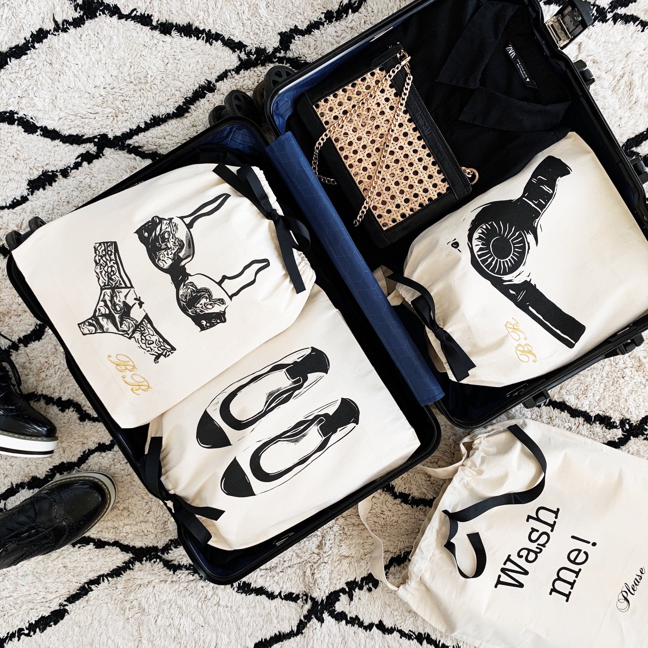 Bag-all Women's Travel Set 4-pack in Cream: Stylish cotton organizer bags featuring lingerie, hairdryer, laundry, and ballet flat designs, perfect for organized travel and wardrobe storage