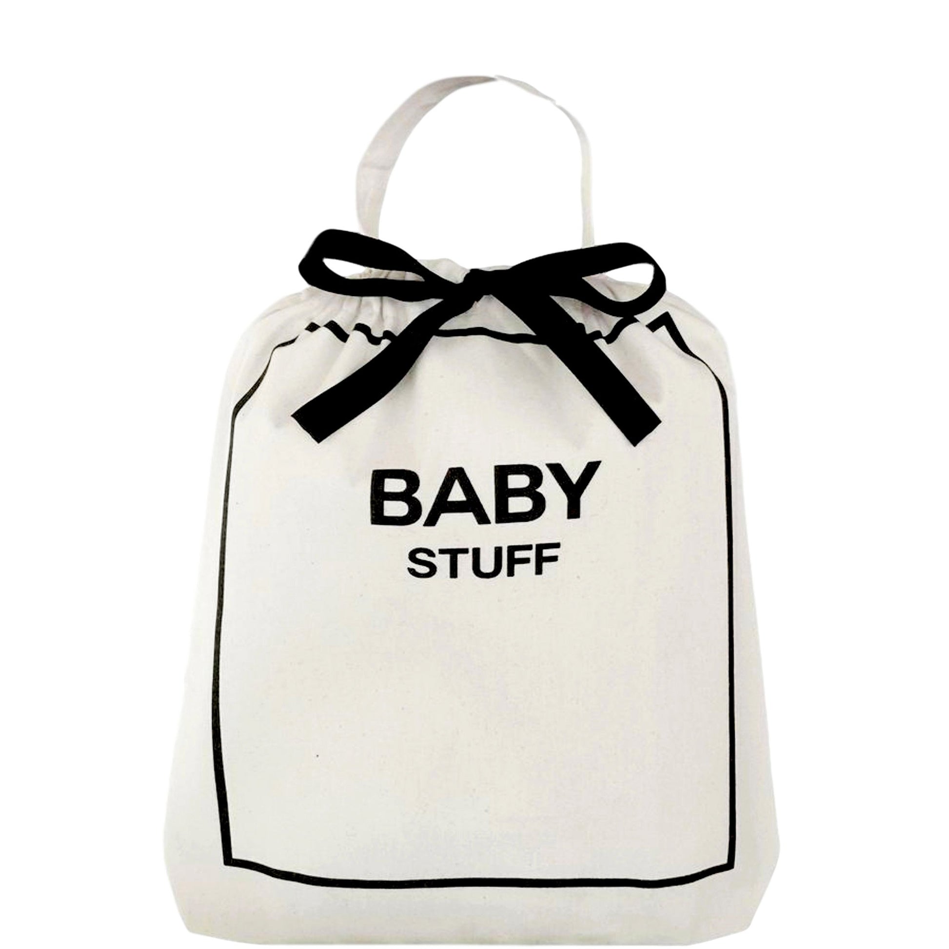 Bag-all Baby Stuff organizer bag in white cotton with black bow and text, perfect for storing infant essentials and nursery items