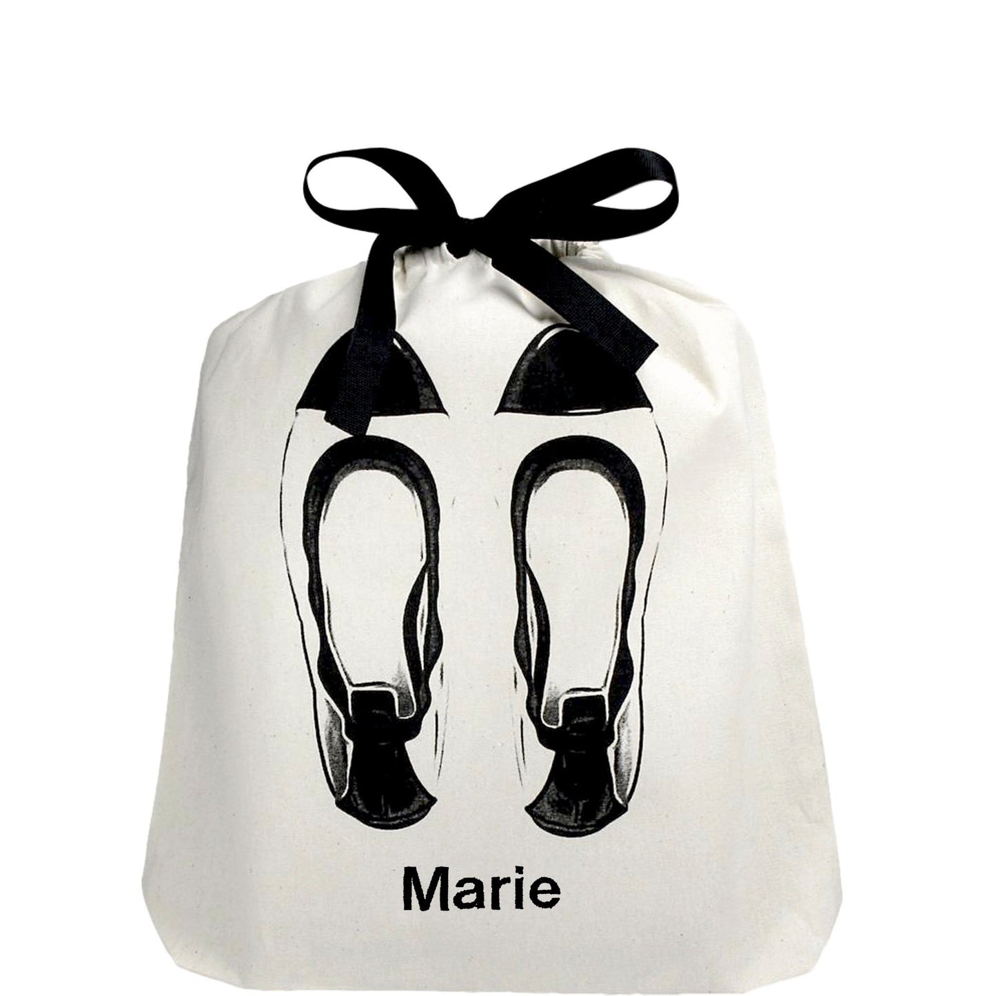 Bag-all ballet flats organizing bag with black bow and personalized name Marie, featuring elegant shoe design on white cotton fabric