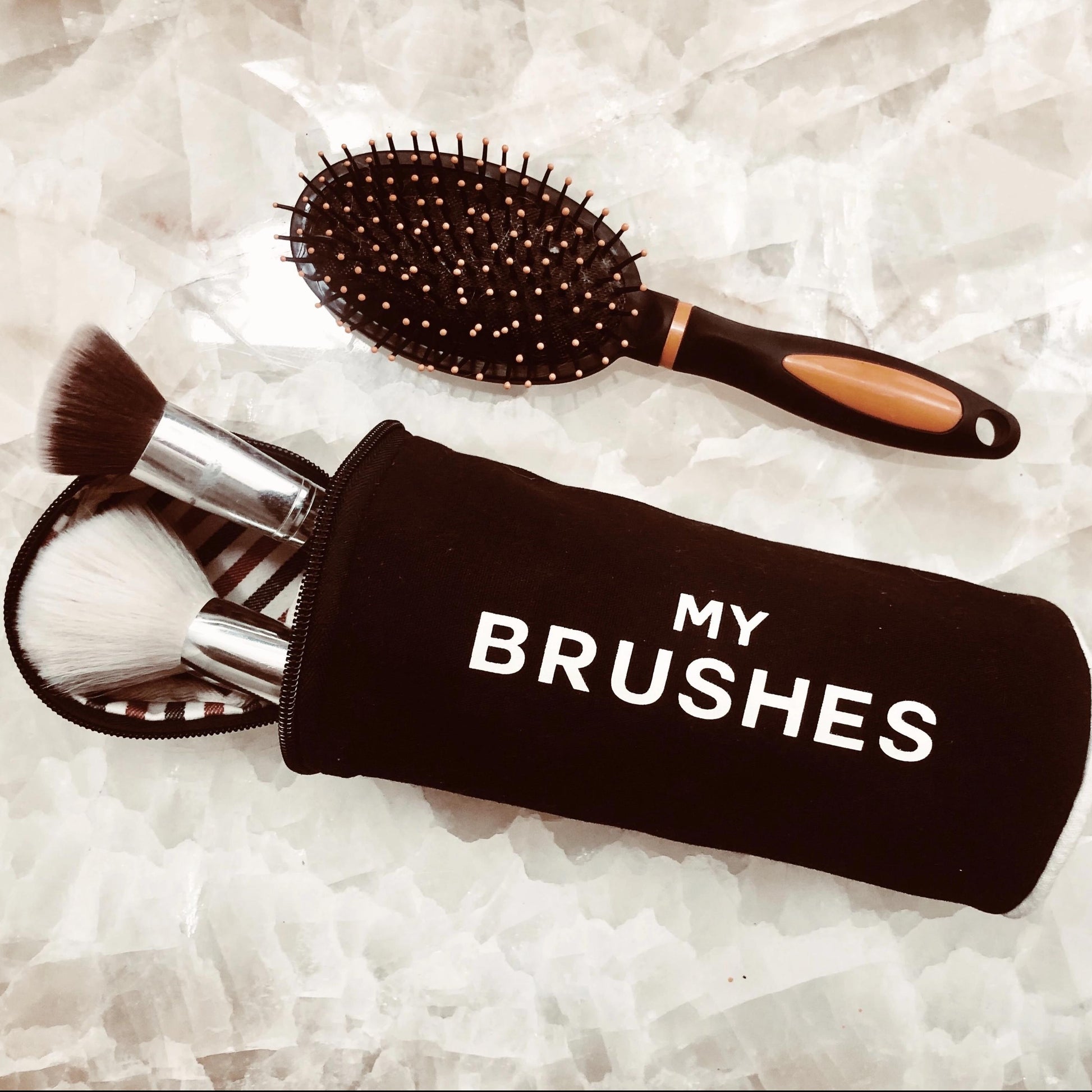 Bag-all My Brushes organizing case with black cotton makeup brush holder and hair brush, perfect for beauty tools storage and travel
