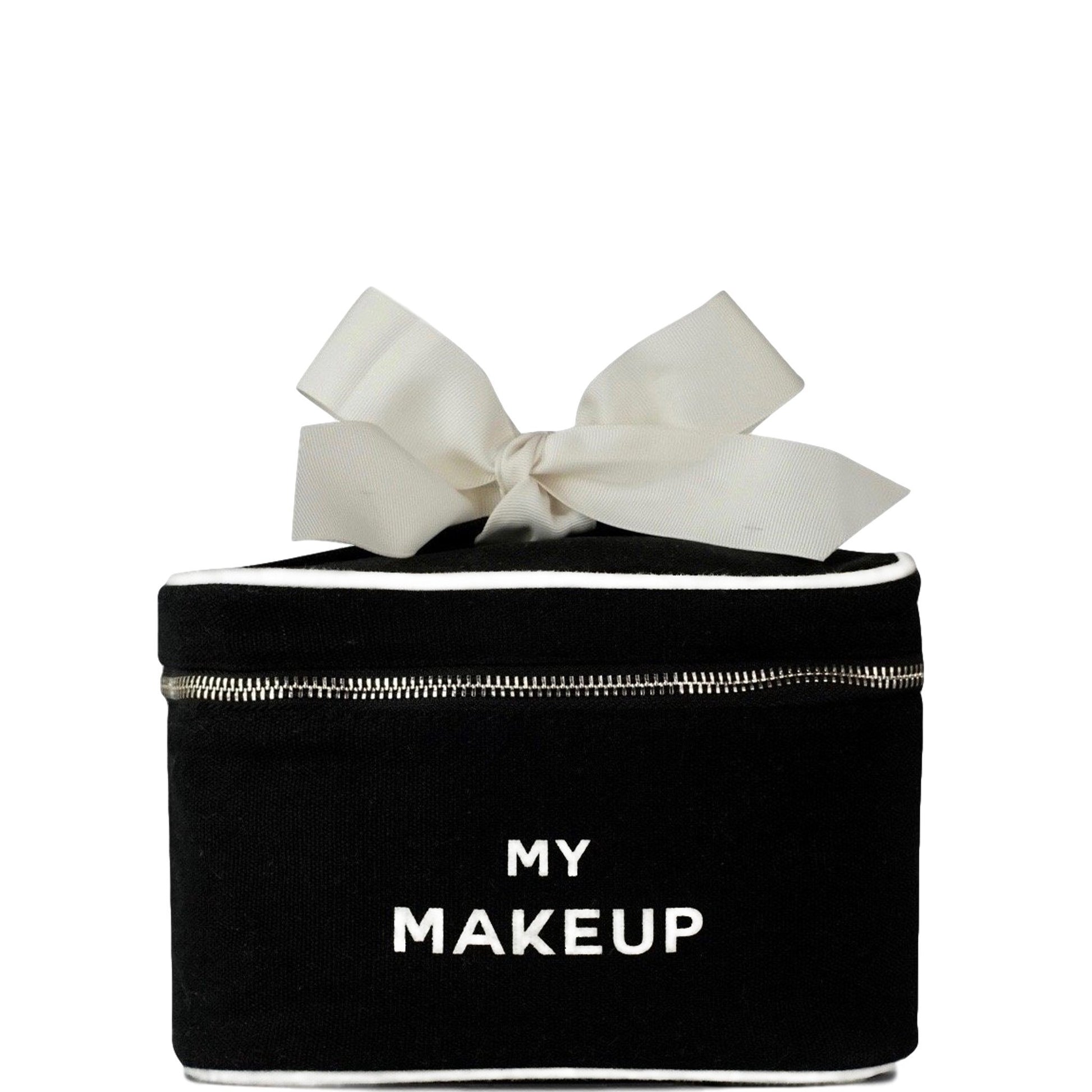 Bag-all My Makeup Cosmetic Box in black canvas with white bow, silver zipper and waterproof interior, perfect for organizing beauty essentials and travel