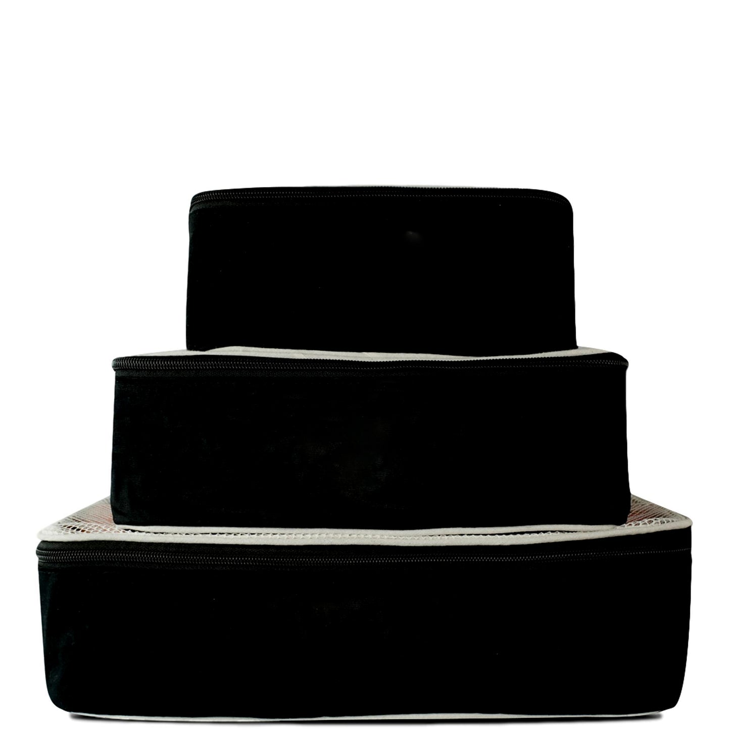 Bag-all Cotton Packing Cubes 3-pack in Black with white trim, stacked to show small, medium, and large sizes, featuring mesh tops for visibility and organization