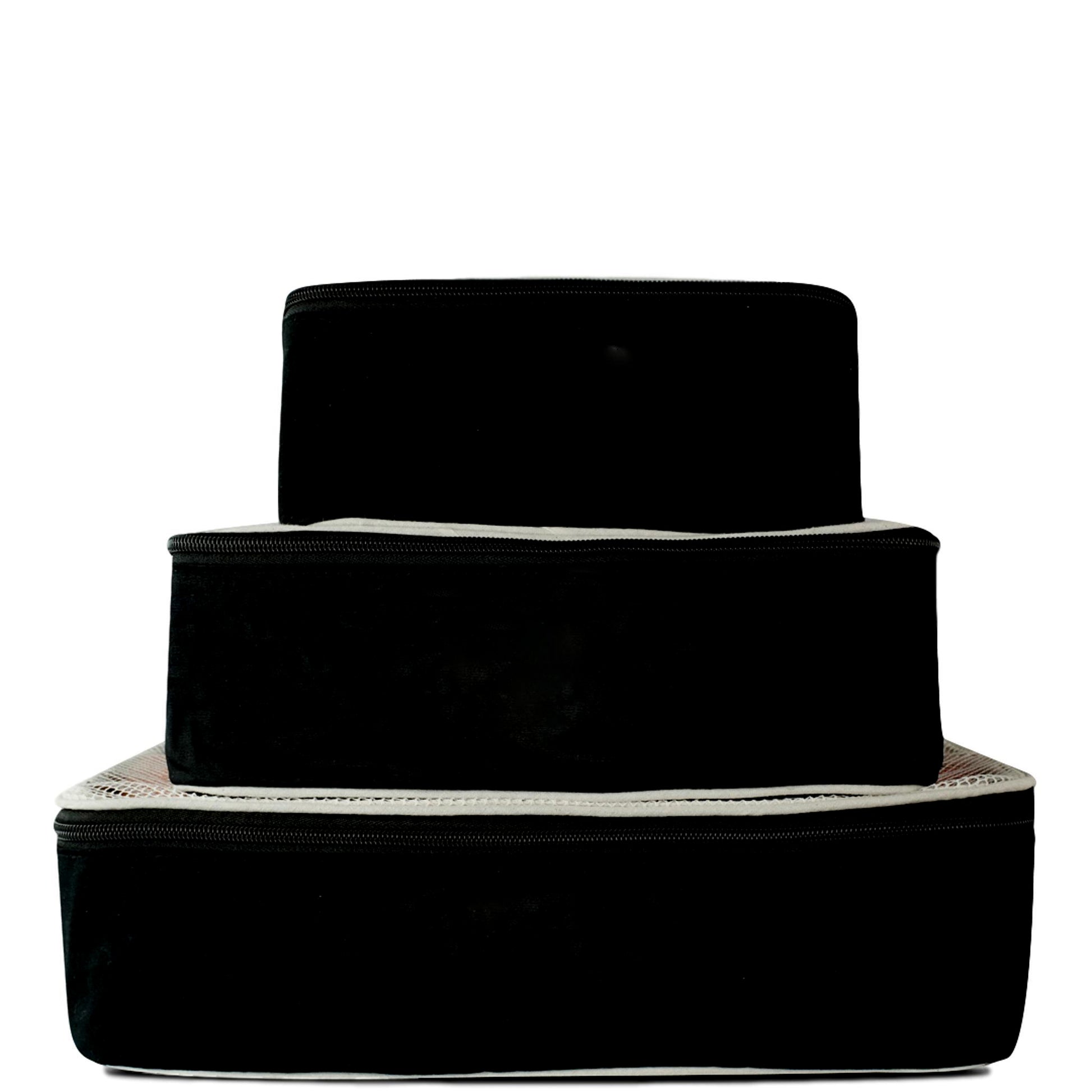 Bag-all Cotton Packing Cubes 3-pack in Black with white trim, stacked to show small, medium, and large sizes, featuring mesh tops for visibility and organization