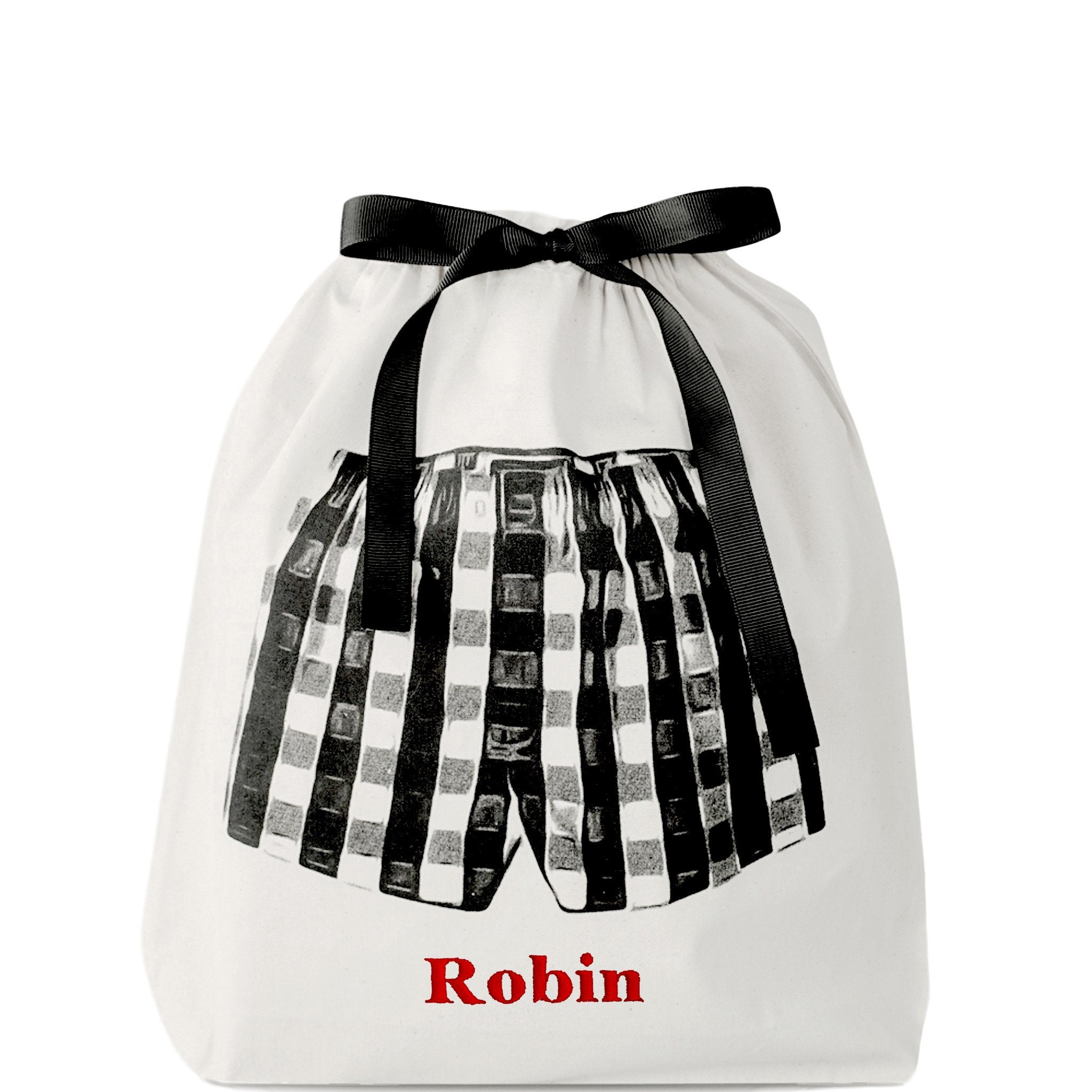 Bag-all personalized organizing bag with black and white checkered shorts design and red name Robin, featuring black ribbon tie closure