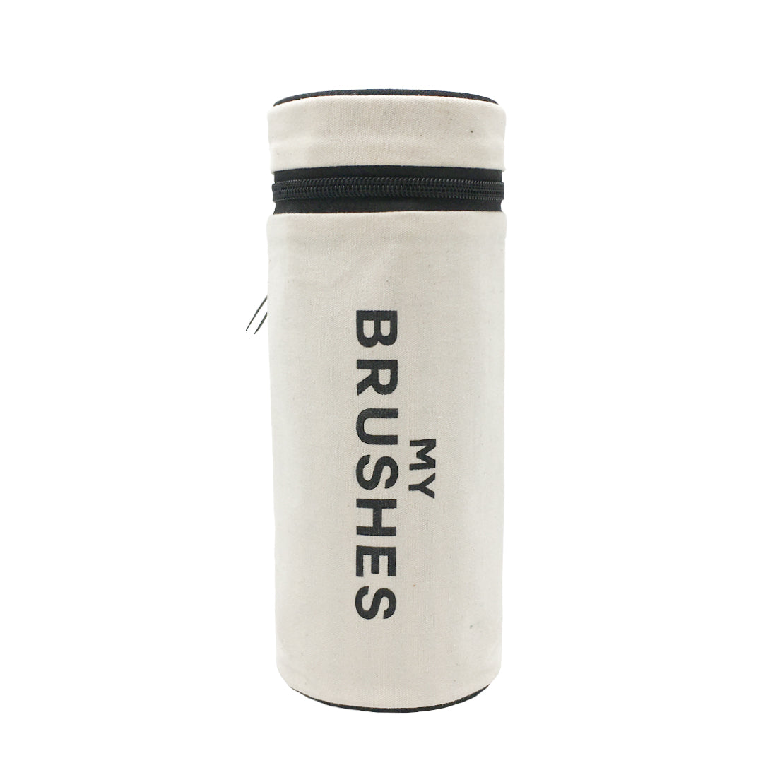 Bag-all My Brushes white cotton makeup brush holder with black text and zipper closure, perfect for organizing cosmetic tools