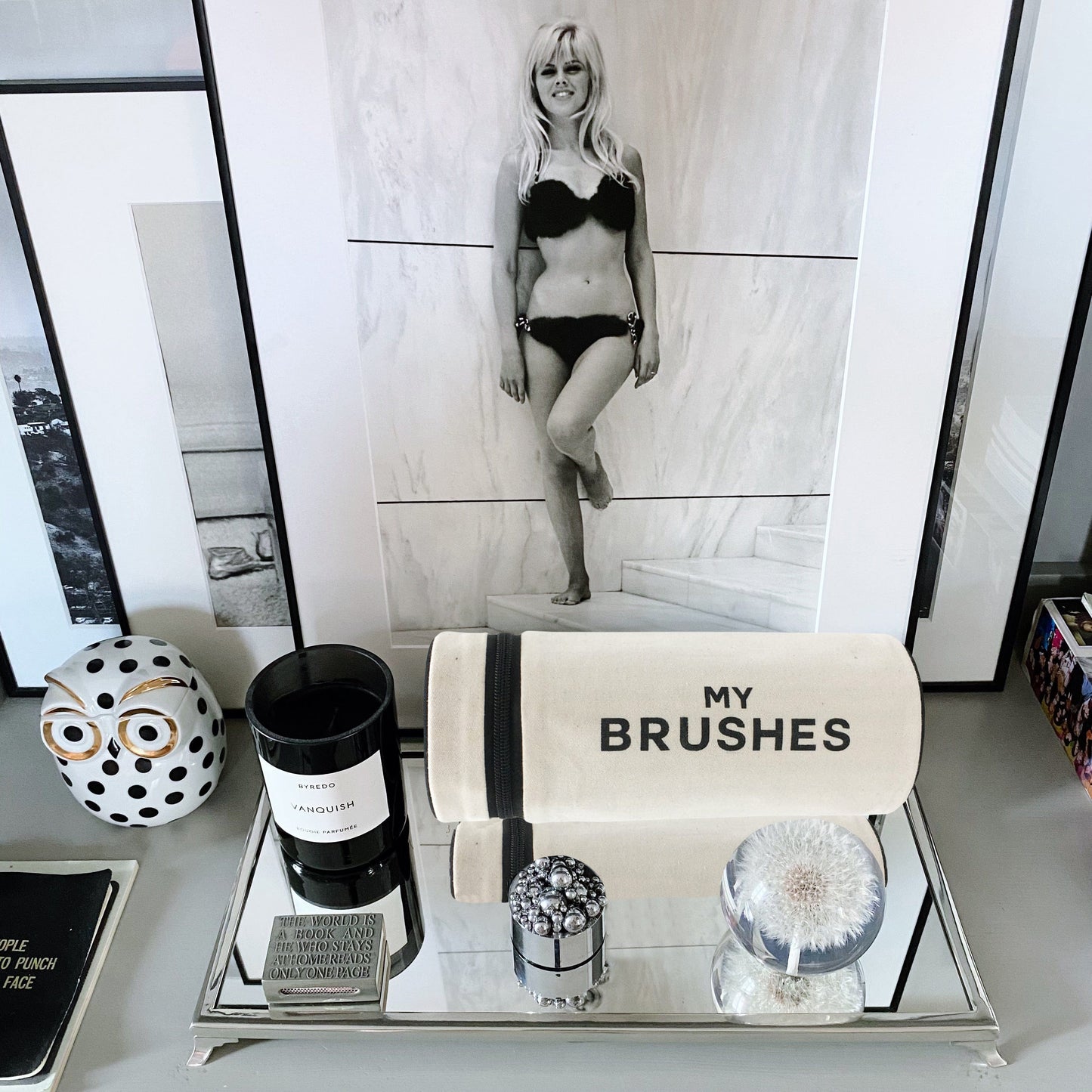 Bag-all My Brushes makeup organizer with ceramic owl decor and monochrome styling accessories on mirrored vanity tray, modern bathroom storage