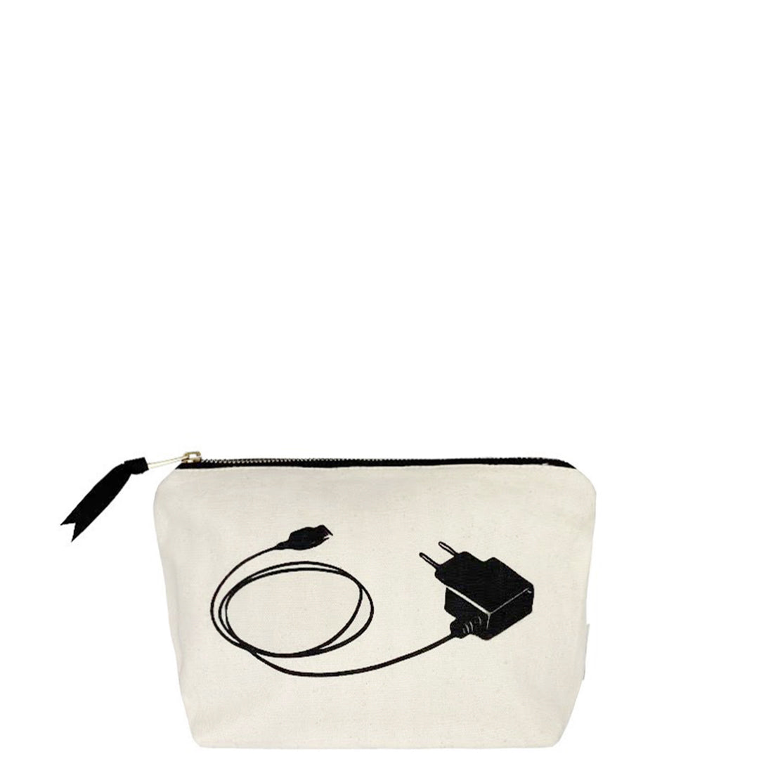 Bag-all Cream Charger Pouch with black charger graphic - padded cotton organizer with metal zipper for tangle-free cord storage