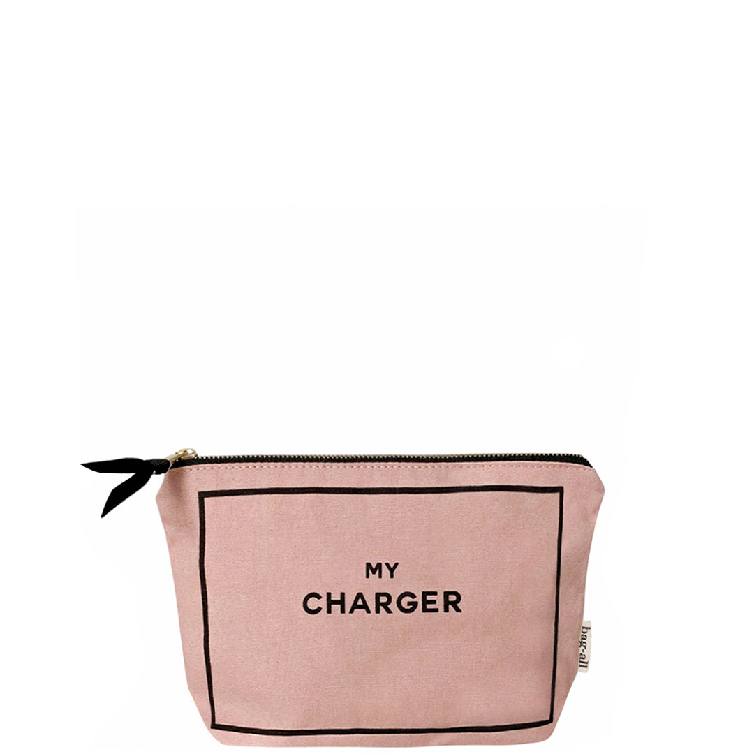 Bag-all Pink Charger Pouch with black text and gold zipper - cotton organizer for cables and tech accessories, featuring 'MY CHARGER' print on blush background