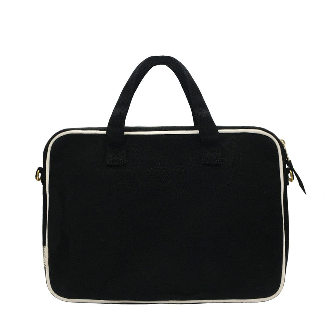Bag-all Black Laptop Case with Charger Pocket, 13-inch padded sleeve featuring gold-plated zippers and striped interior lining, perfect for modern organization