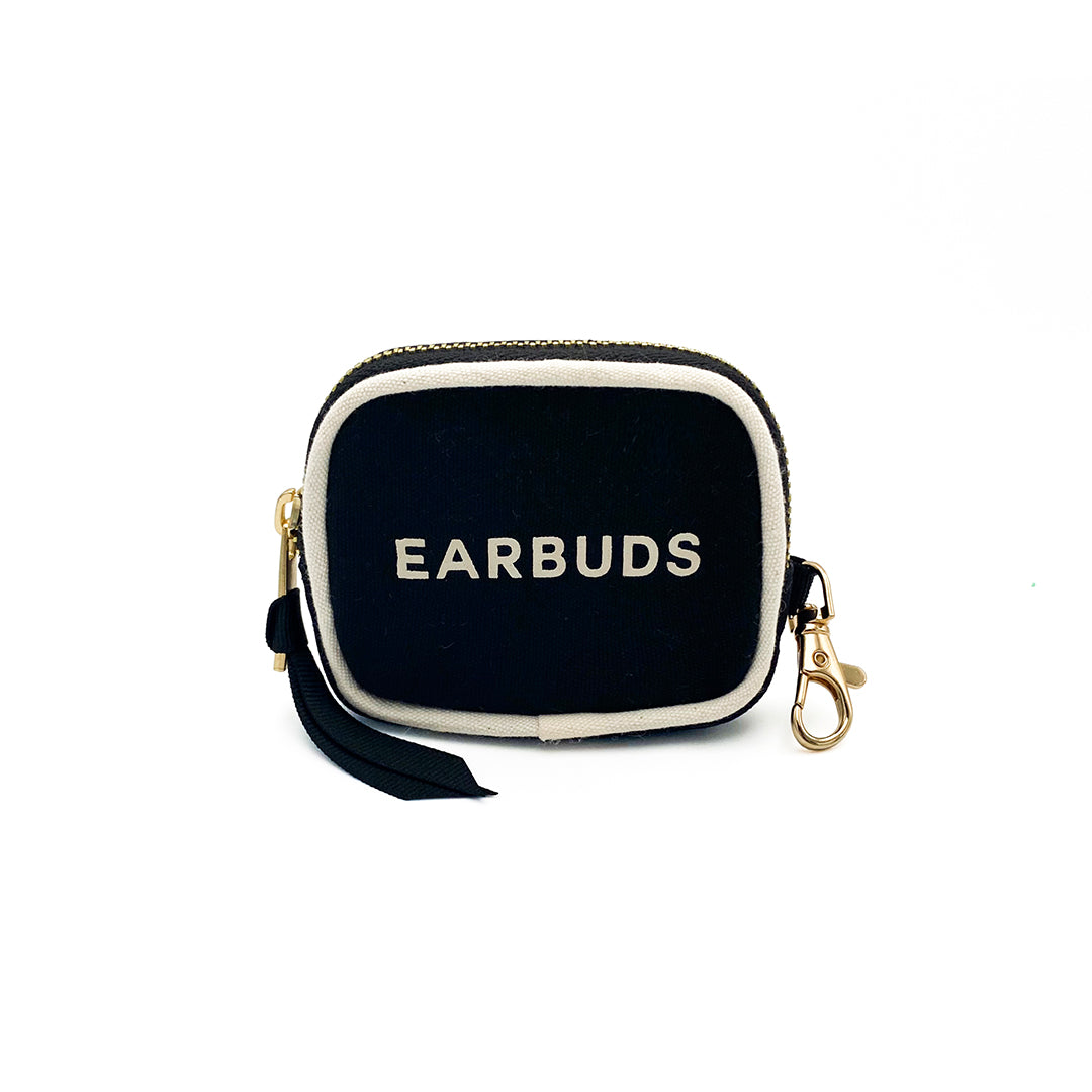 Bag-all Black Earbuds Case with gold clasp and zipper - compact cotton protective holder for AirPods featuring white trim and 'EARBUDS' text