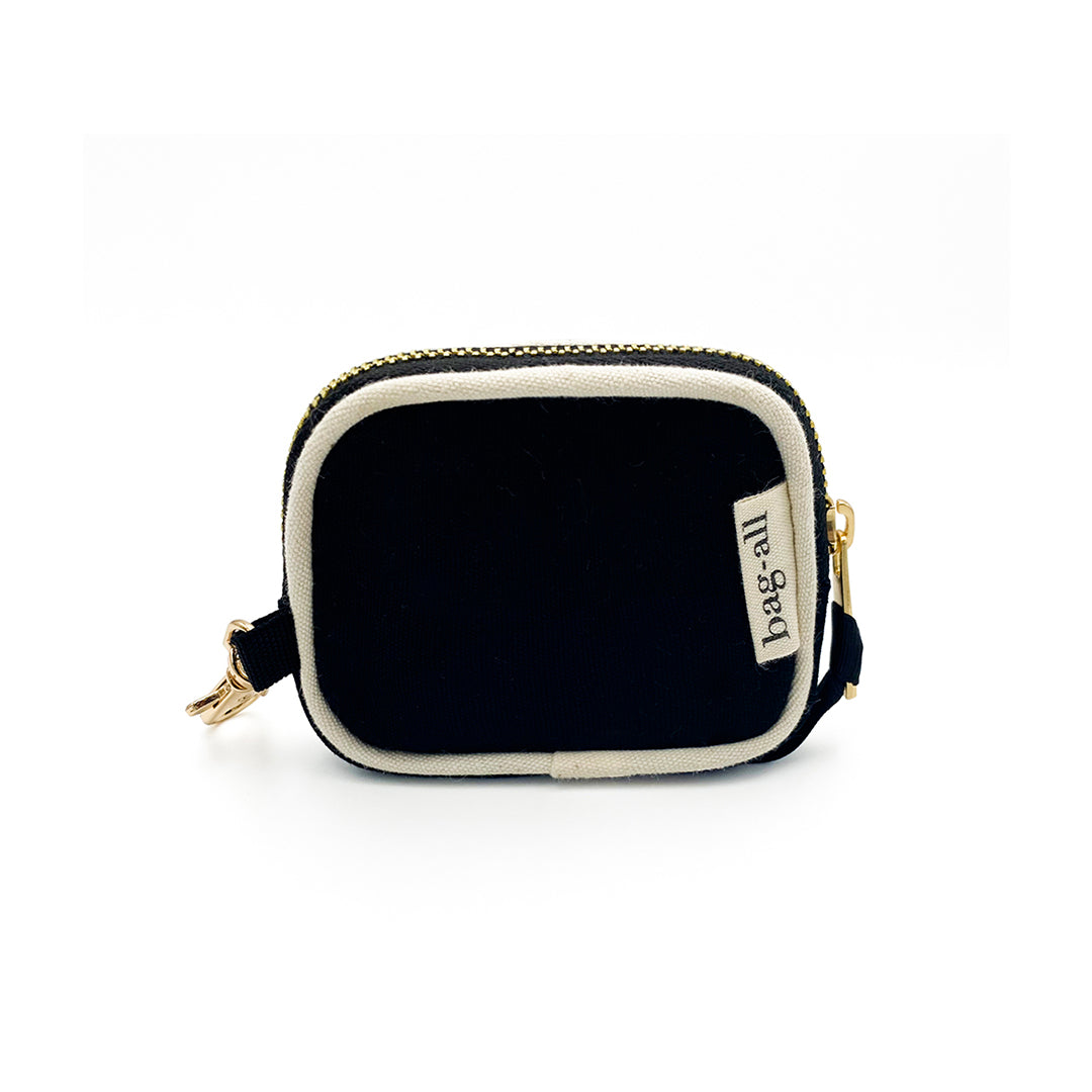 Bag-all Mini Earbud Case with Clasp in Black - Cotton zipper pouch with gold hardware and white trim for AirPods and earbuds protection and organization