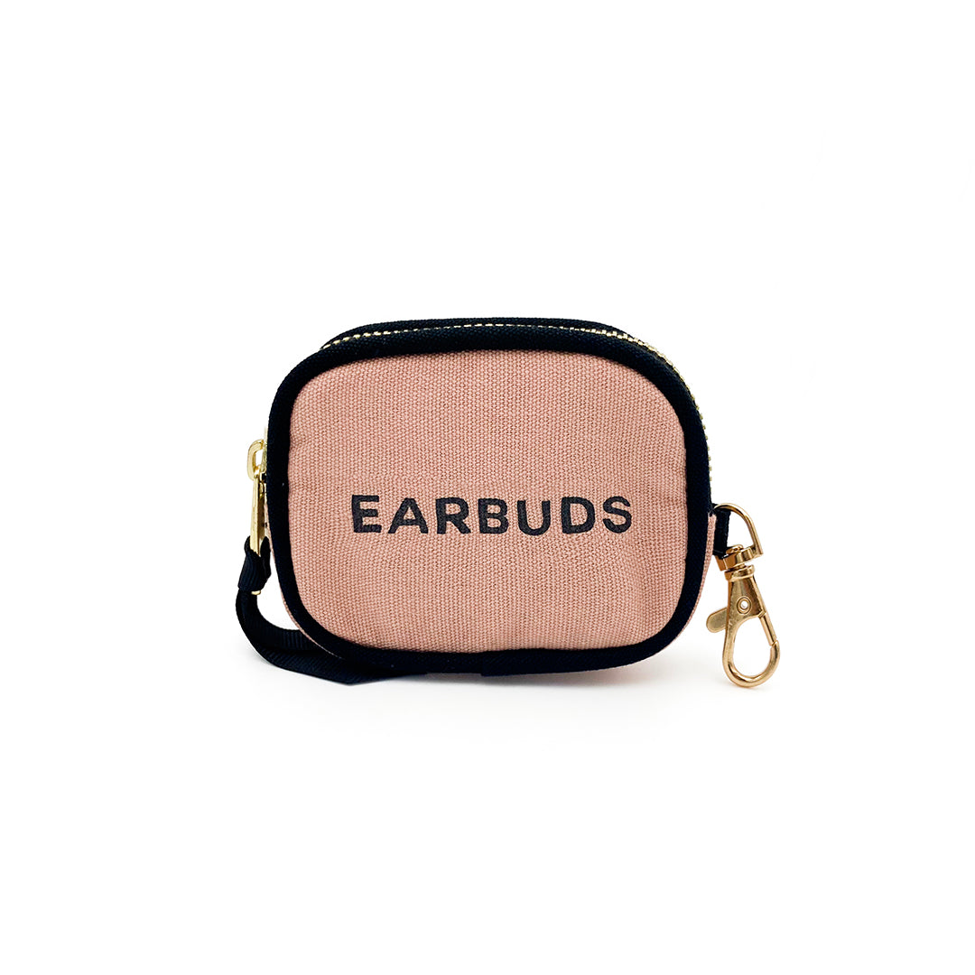 Bag-all Pink Cotton Earbuds Case with Gold Clasp - Protective Blush Airpods Holder with Black Piping and Zipper Closure for Stylish Organization